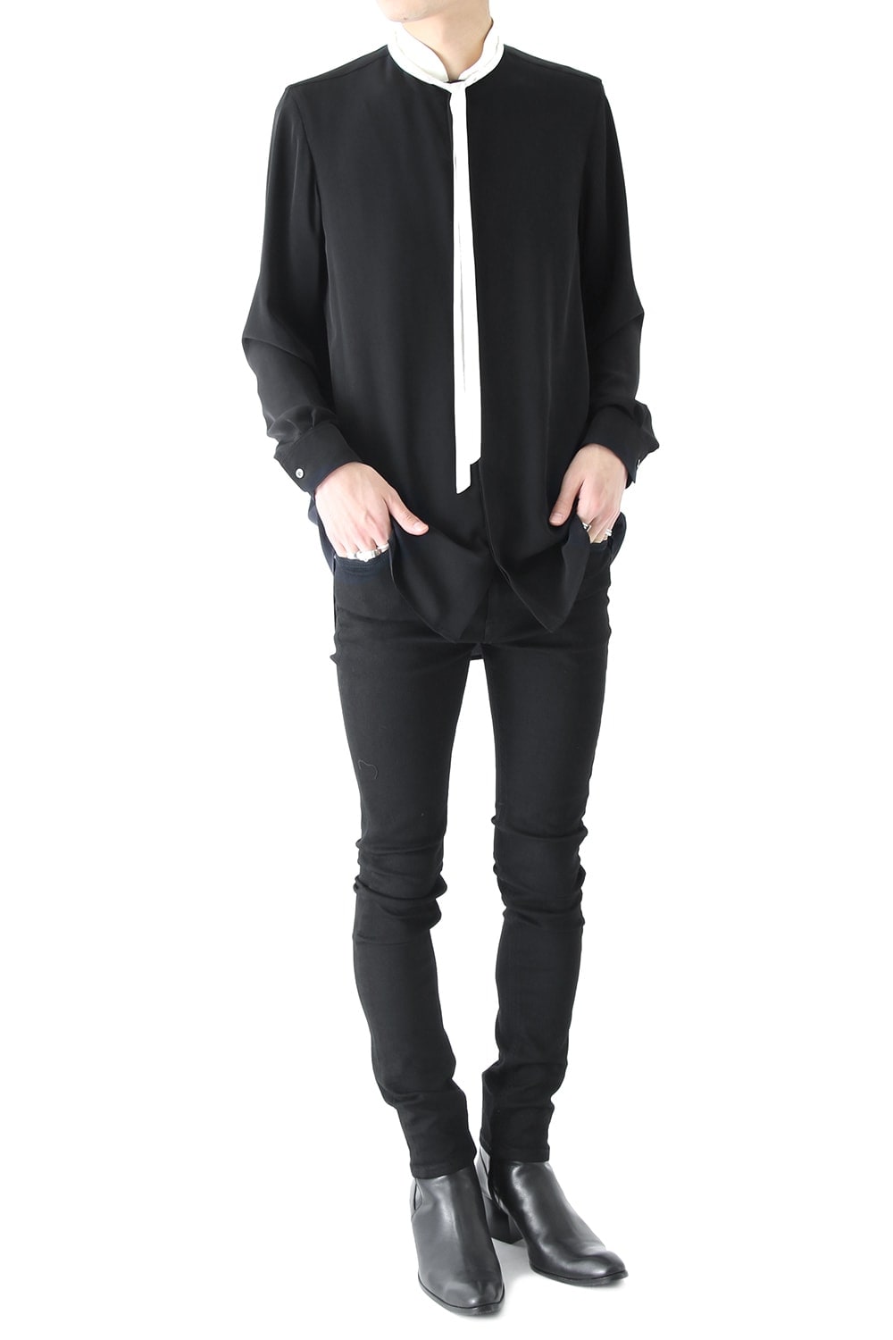 LAMBERT CREPE DE CHINE STAND BOW COLLAR SHIRT (BLACK)