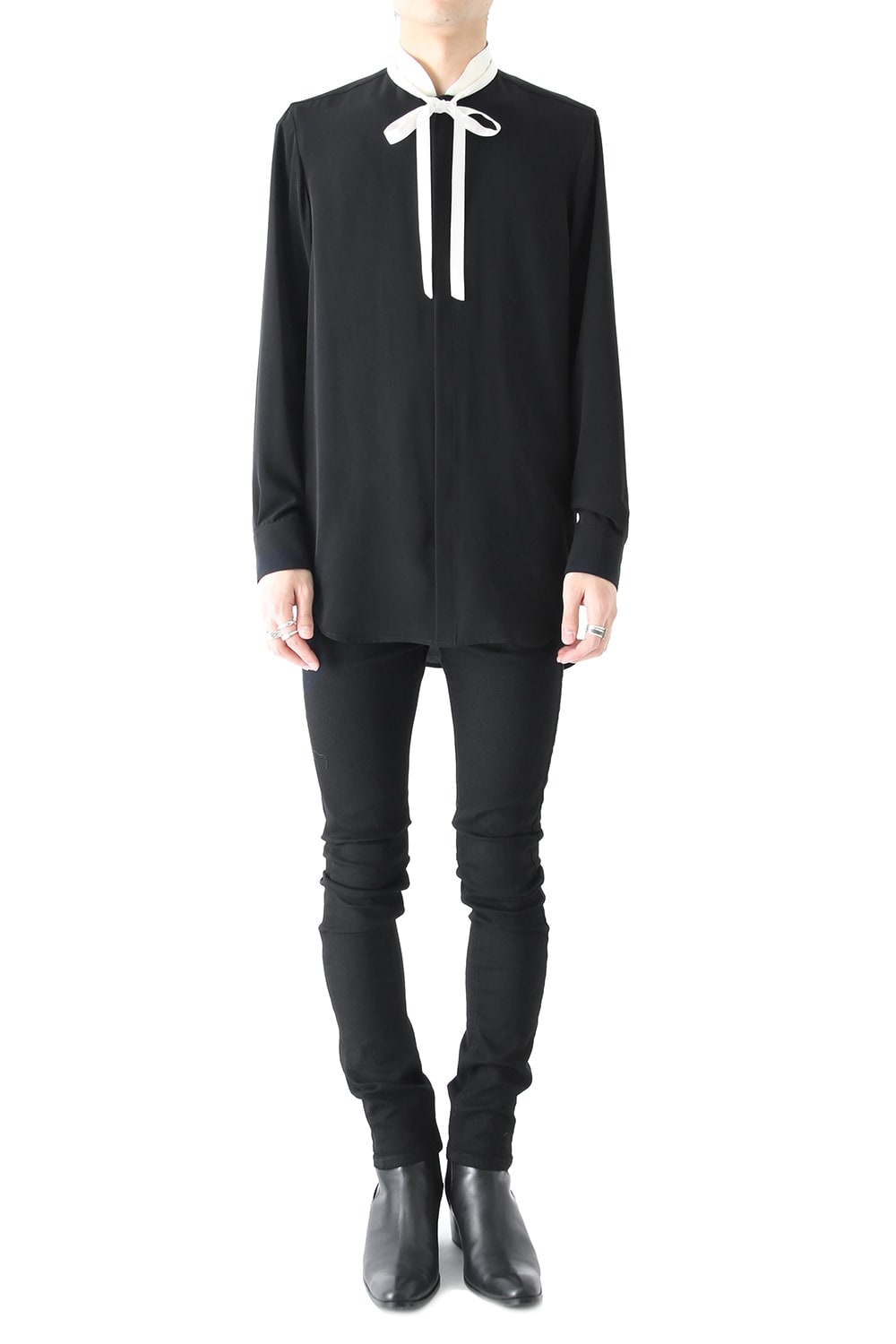 LAMBERT CREPE DE CHINE STAND BOW COLLAR SHIRT (BLACK)