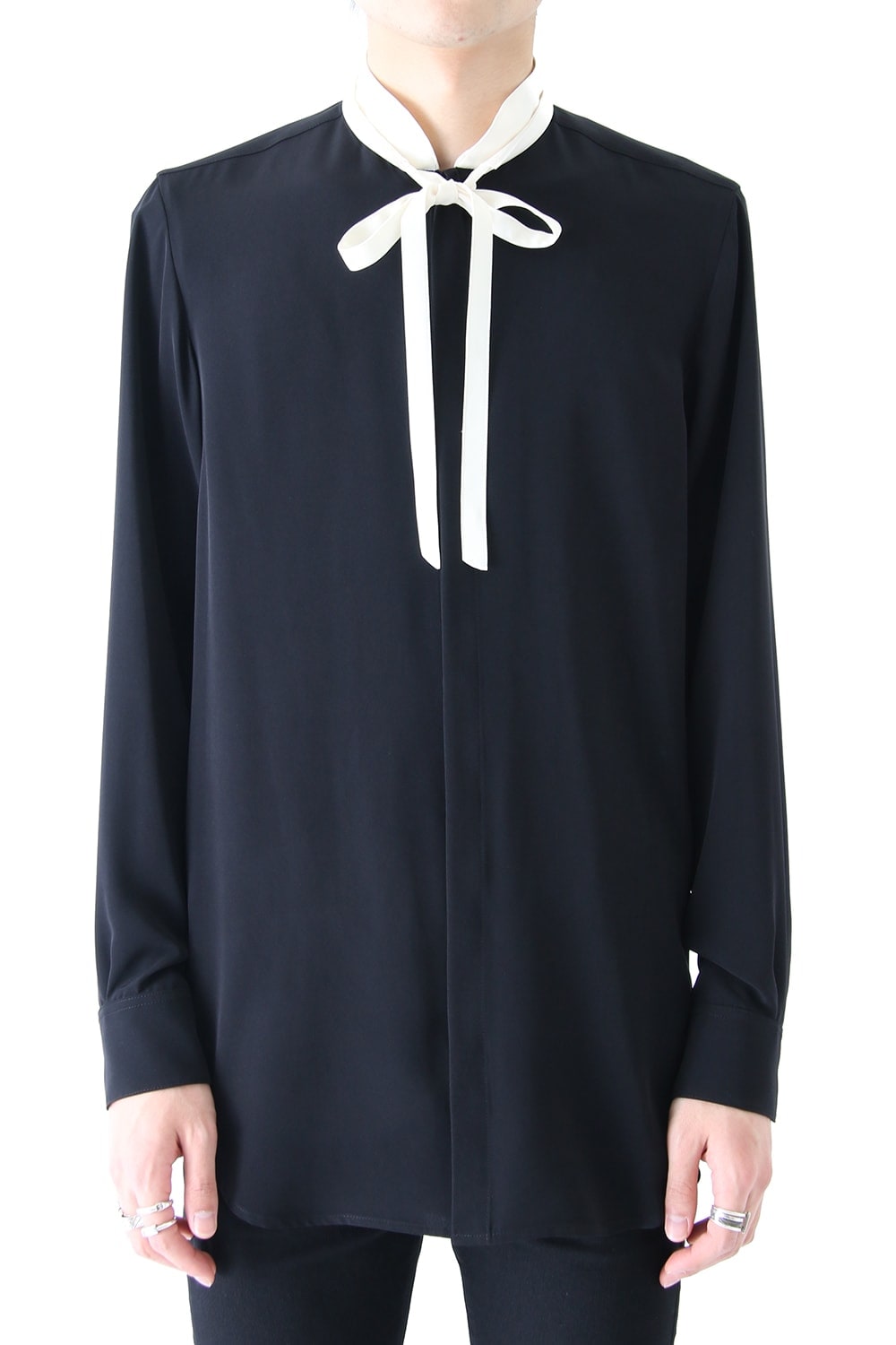 LAMBERT CREPE DE CHINE STAND BOW COLLAR SHIRT (BLACK)