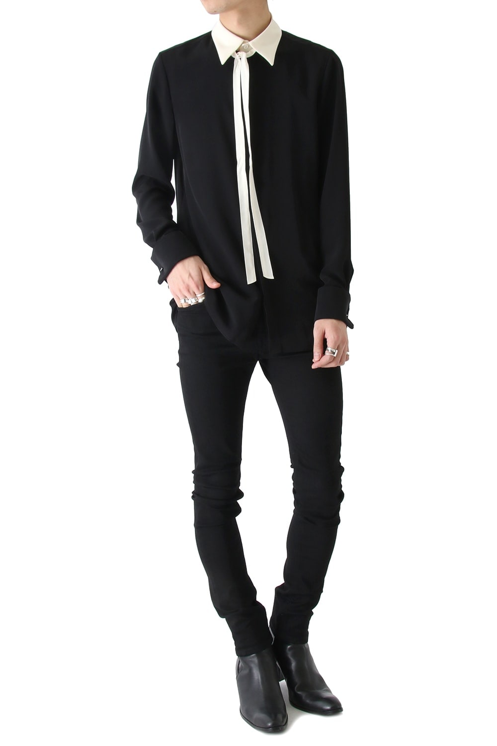 LAMBERT CREPE DE CHINE BOW COLLAR SHIRT (BLACK)