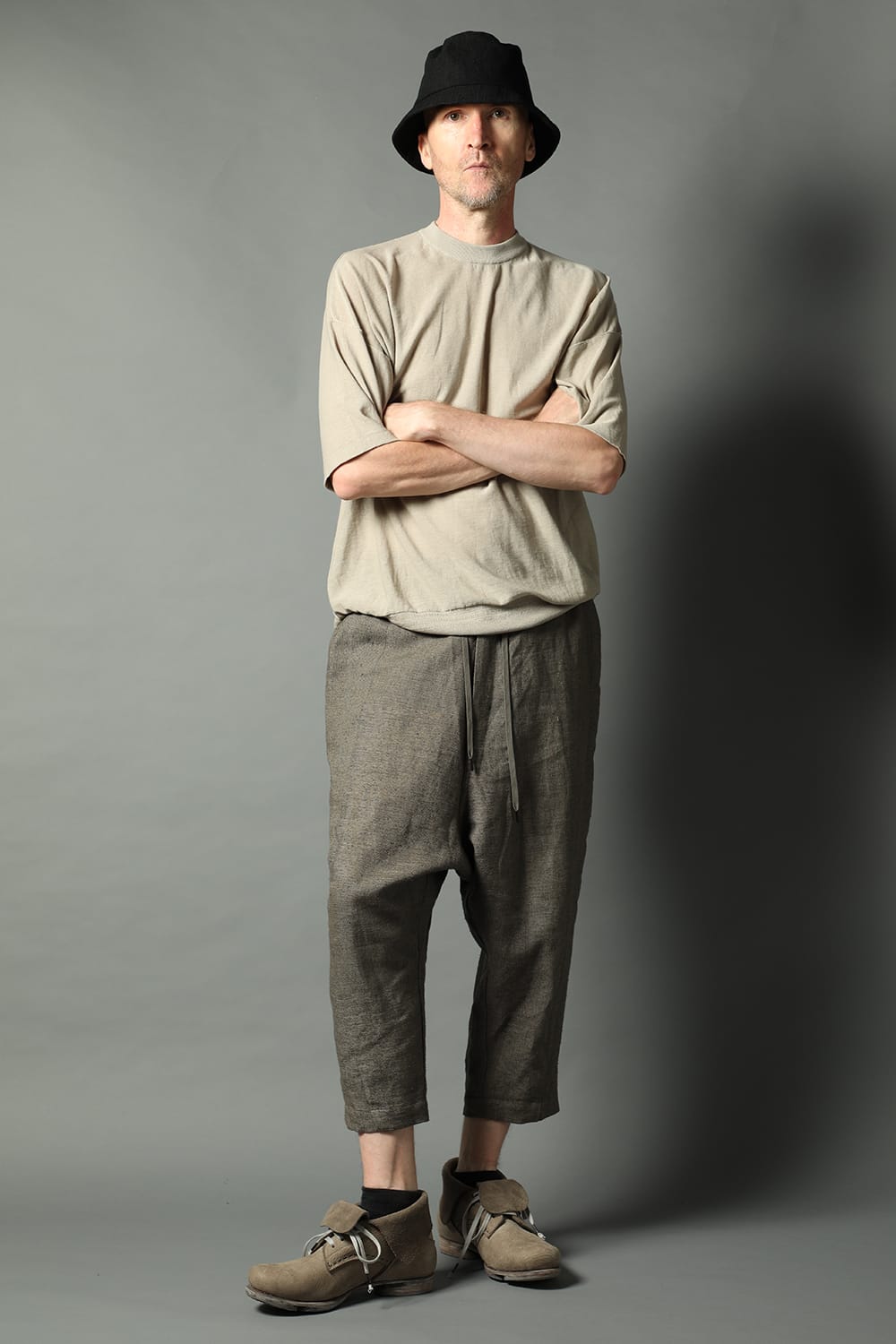 Dropcroch cropped pants silk linen crazy check  Beige Gray