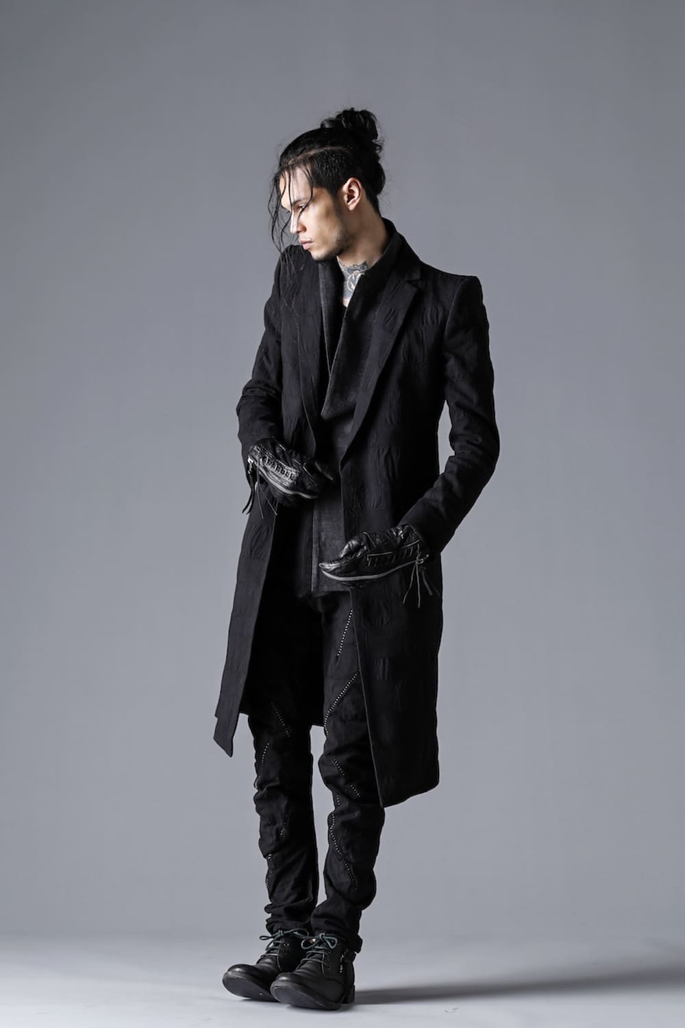 SCAB Patchwork Jagged Stretch Cotton Overlock Twisted Curved Slim Pants Black Charcoal Stitch