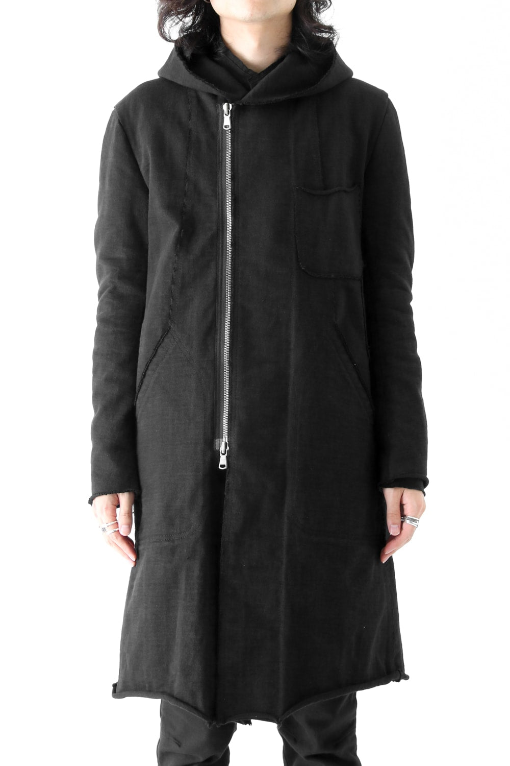Loop Wheel Machine sewing Hooded Coat Black