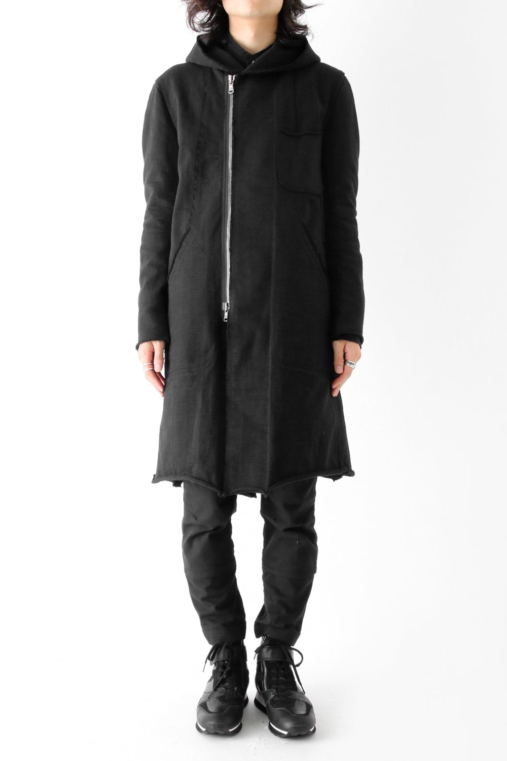 Loop Wheel Machine sewing Hooded Coat Black