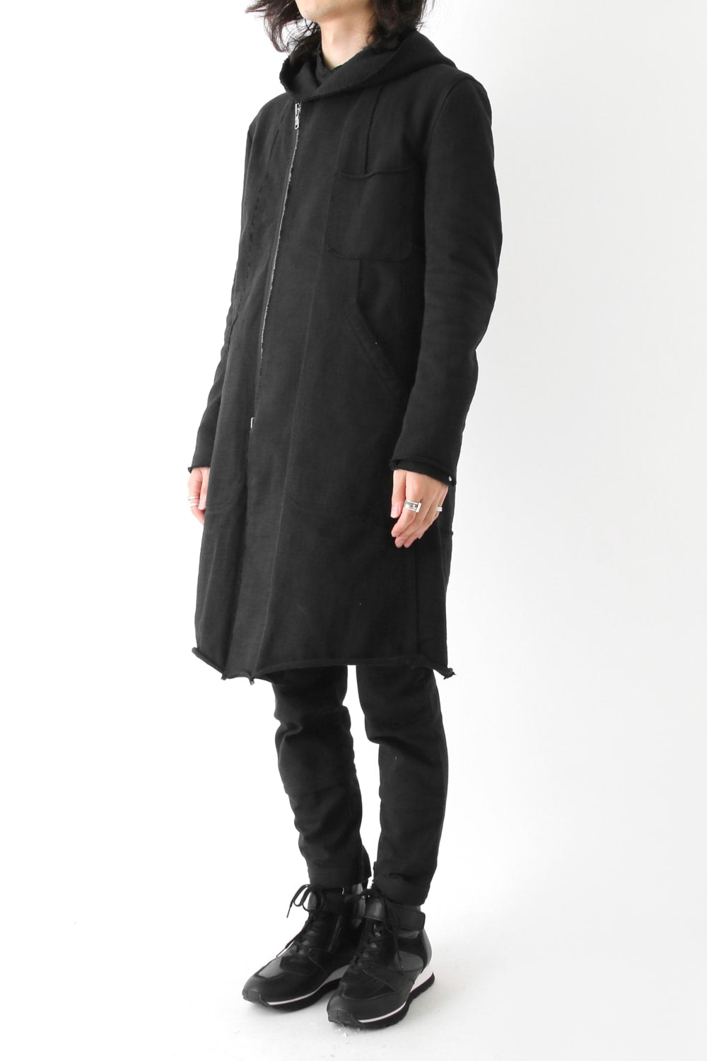 Loop Wheel Machine sewing Hooded Coat Black