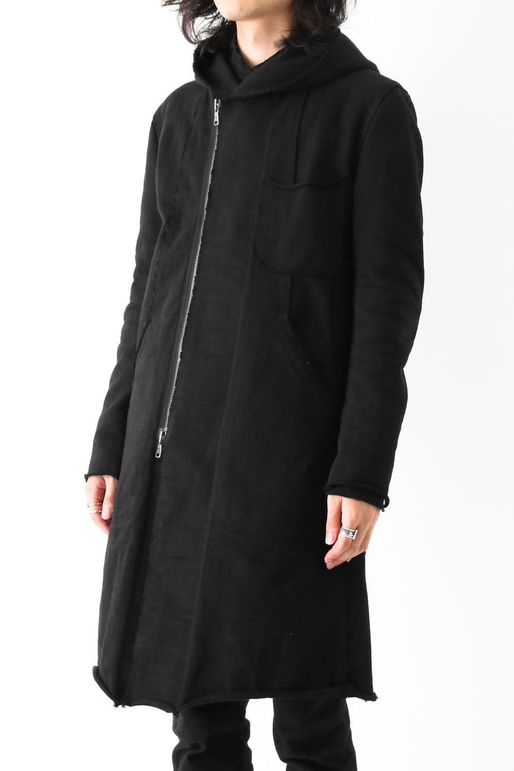 Loop Wheel Machine sewing Hooded Coat Black