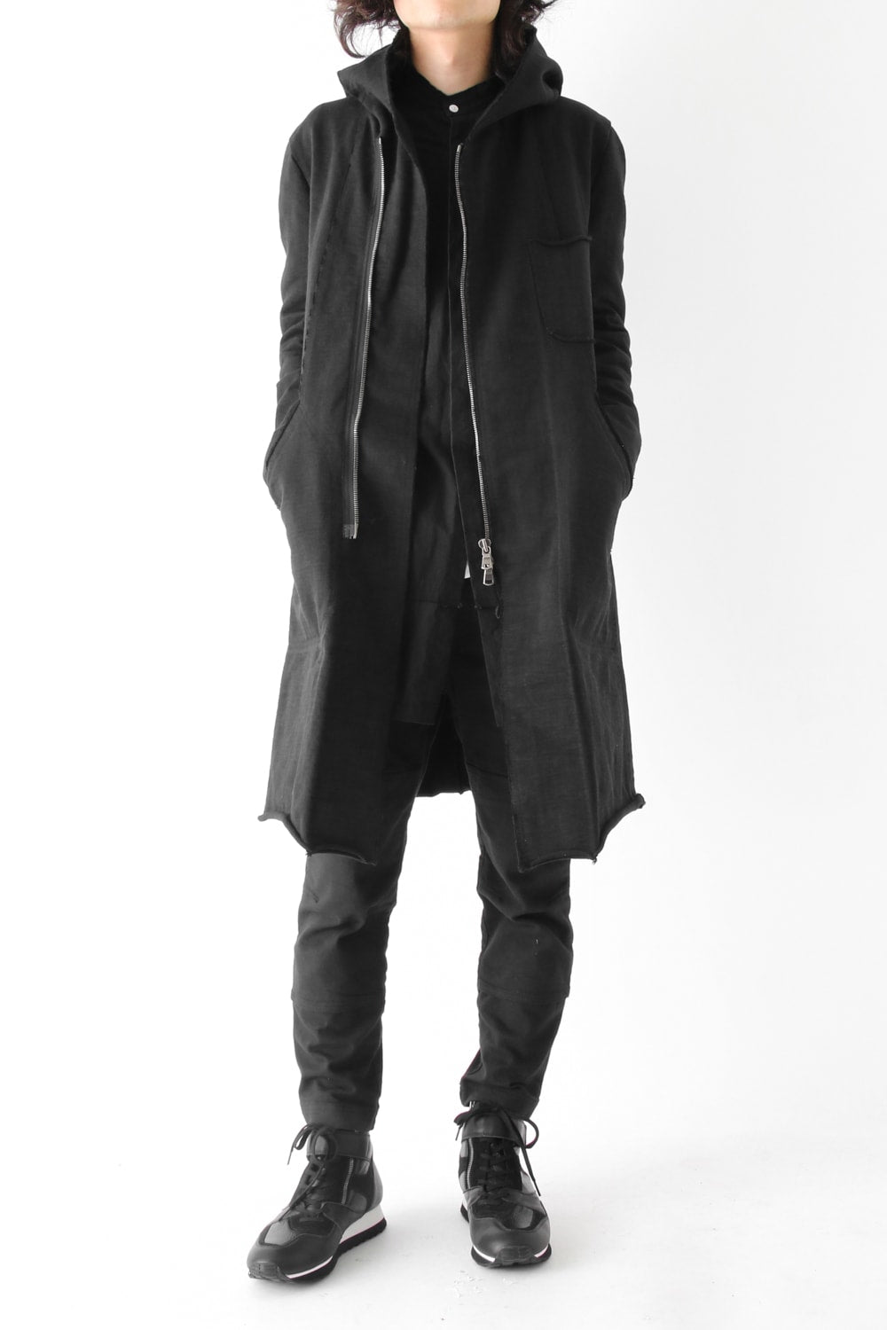 Loop Wheel Machine sewing Hooded Coat Black