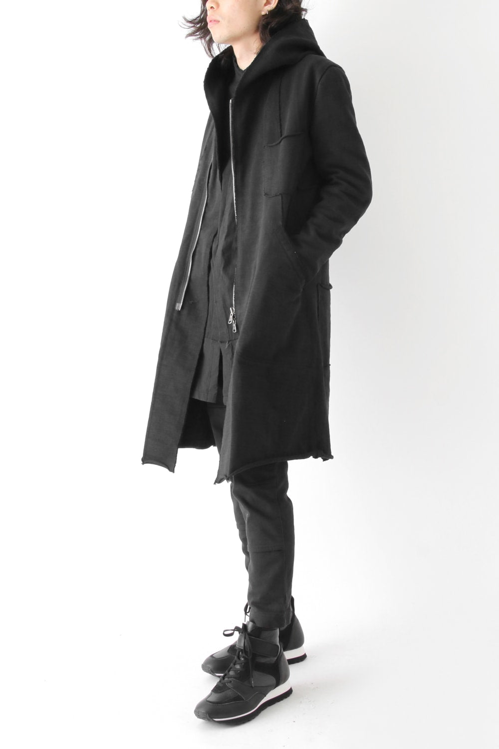 Loop Wheel Machine sewing Hooded Coat Black