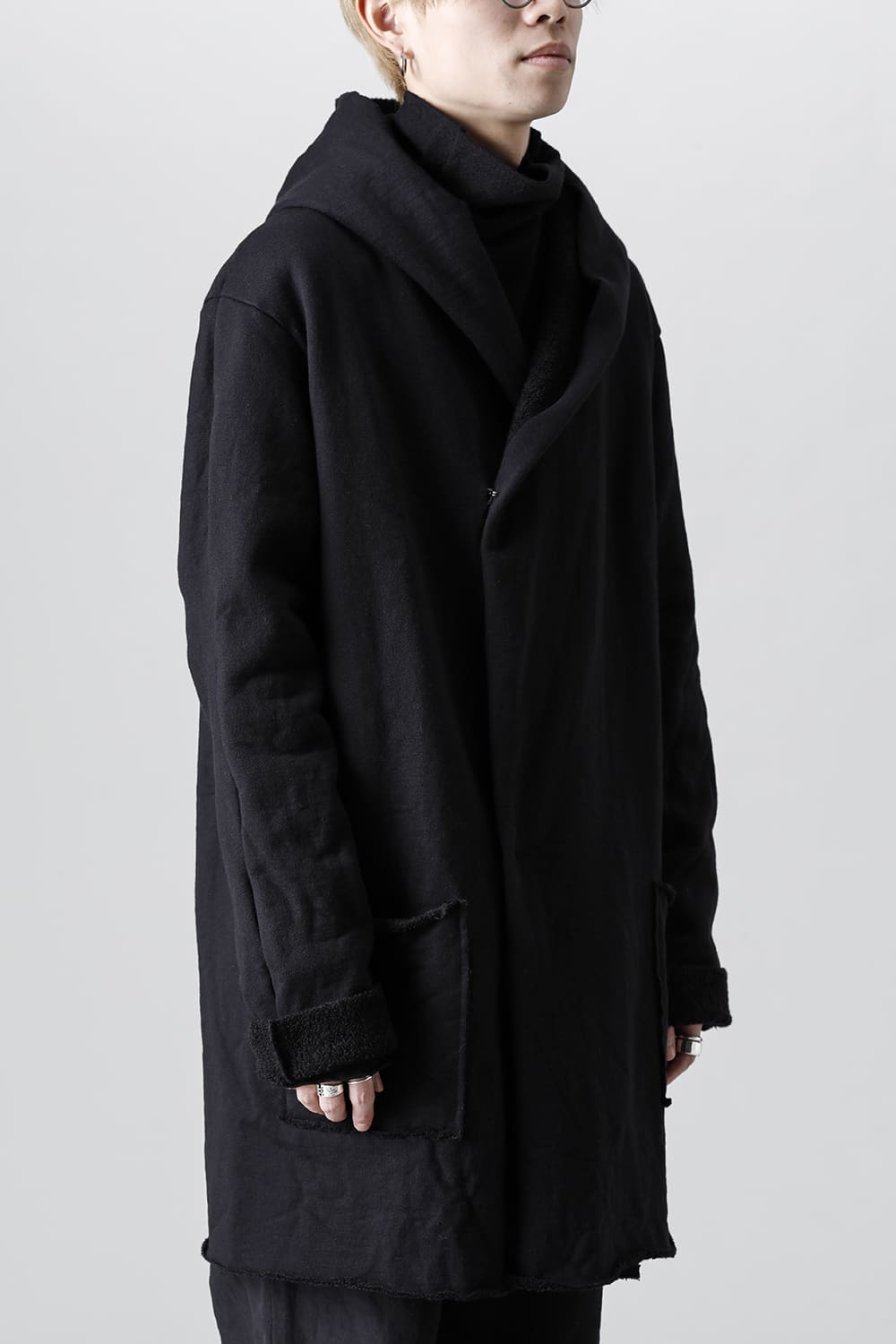 Wool Cotton Fleece Lining Long Hoodie Black