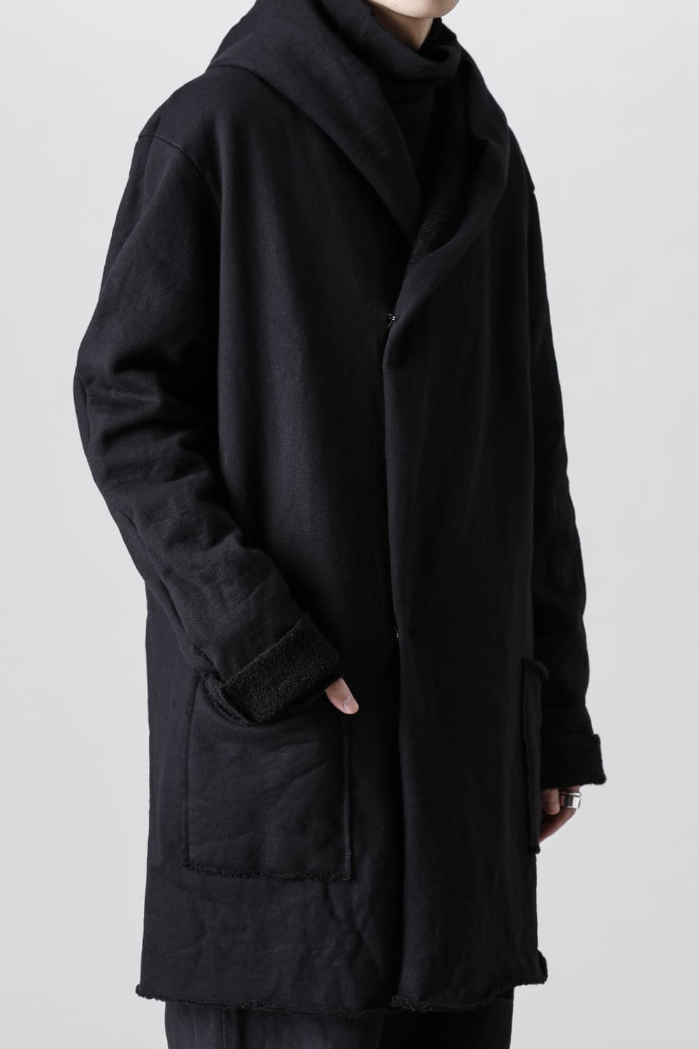 Wool Cotton Fleece Lining Long Hoodie Black