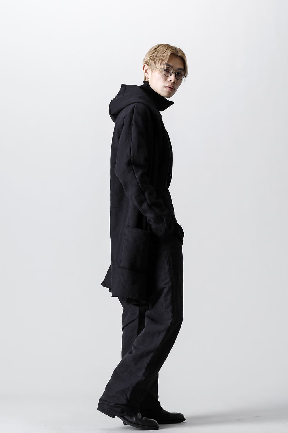 Wool Cotton Fleece Lining Long Hoodie Black