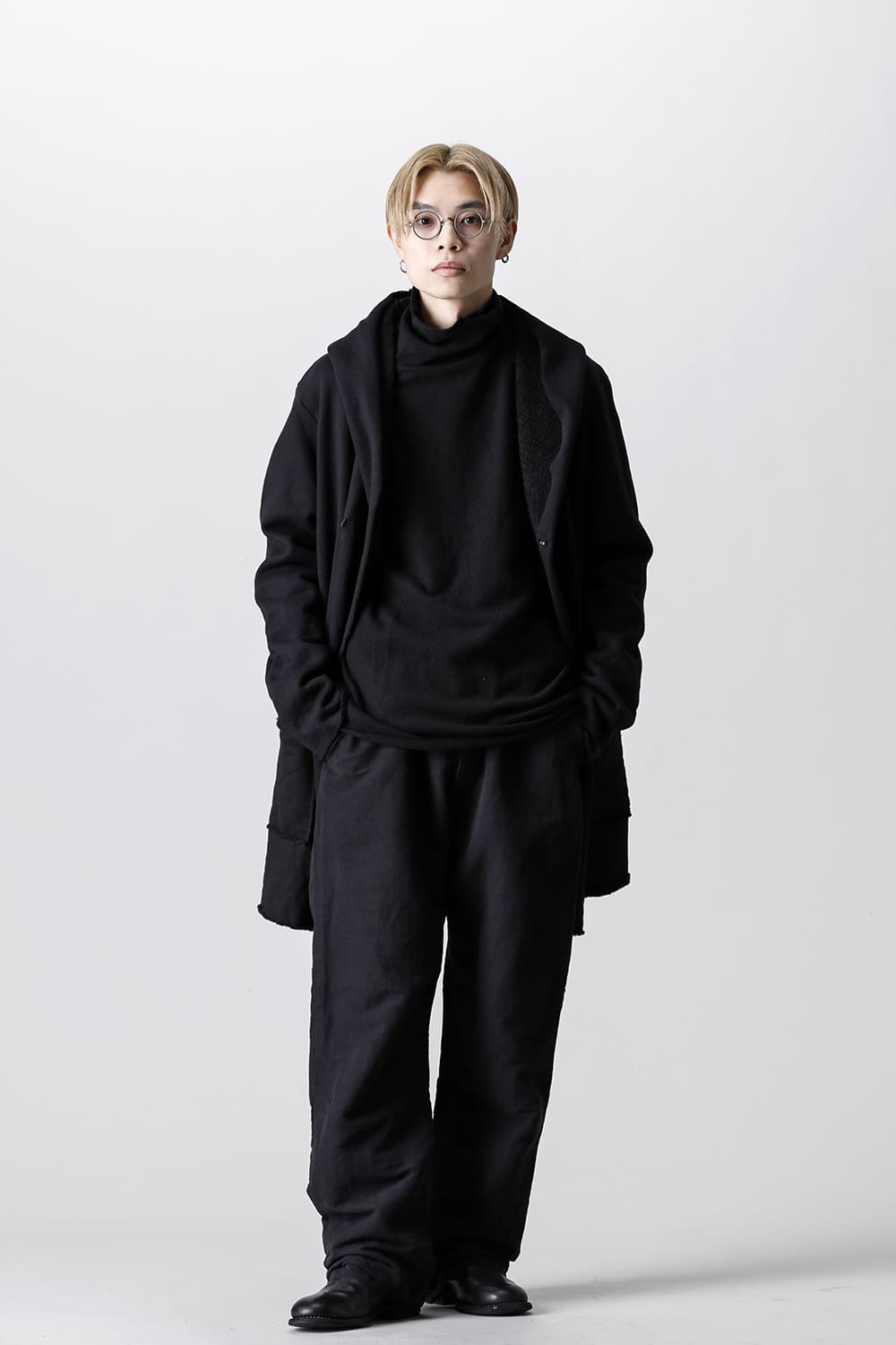 Wool Cotton Fleece Lining Long Hoodie Black