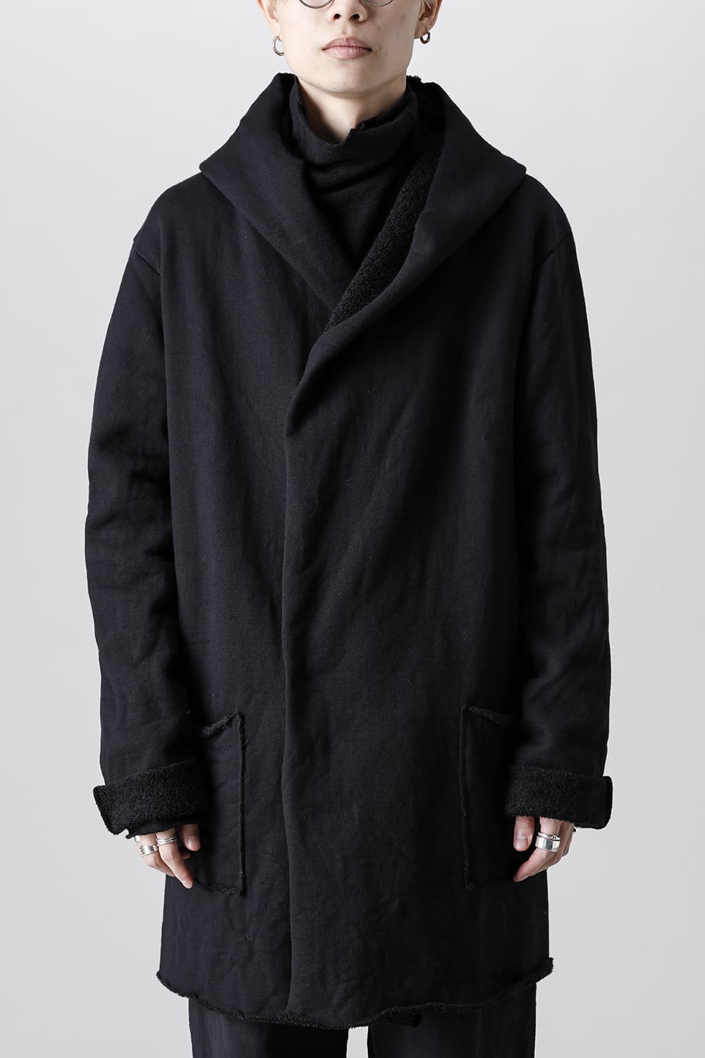 Wool Cotton Fleece Lining Long Hoodie Black