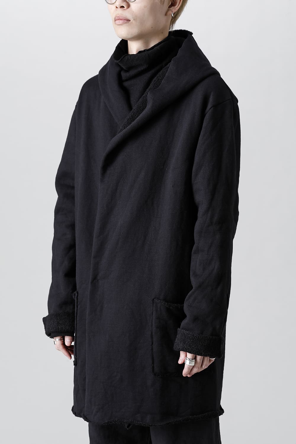 Wool Cotton Fleece Lining Long Hoodie Black