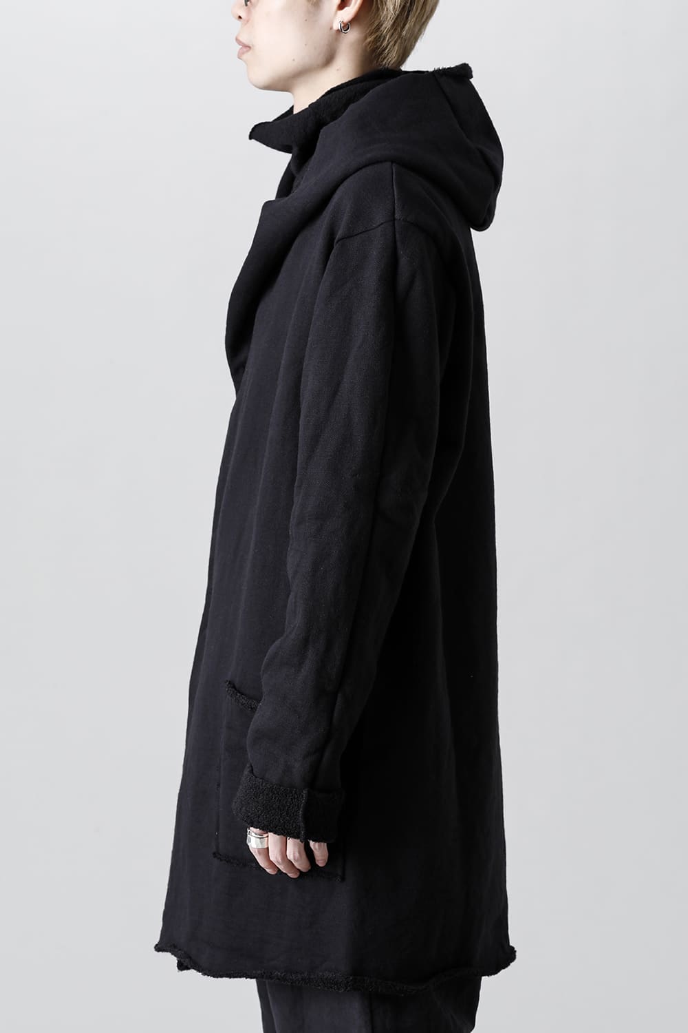 Wool Cotton Fleece Lining Long Hoodie Black