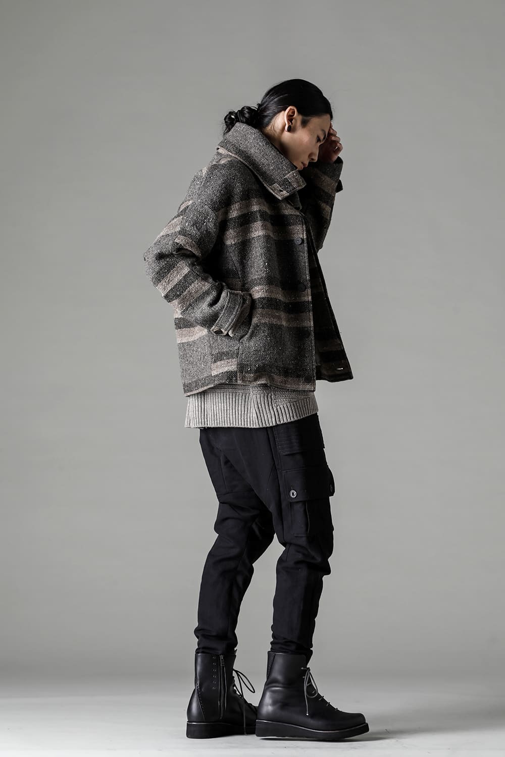 High neck jacket striped wool