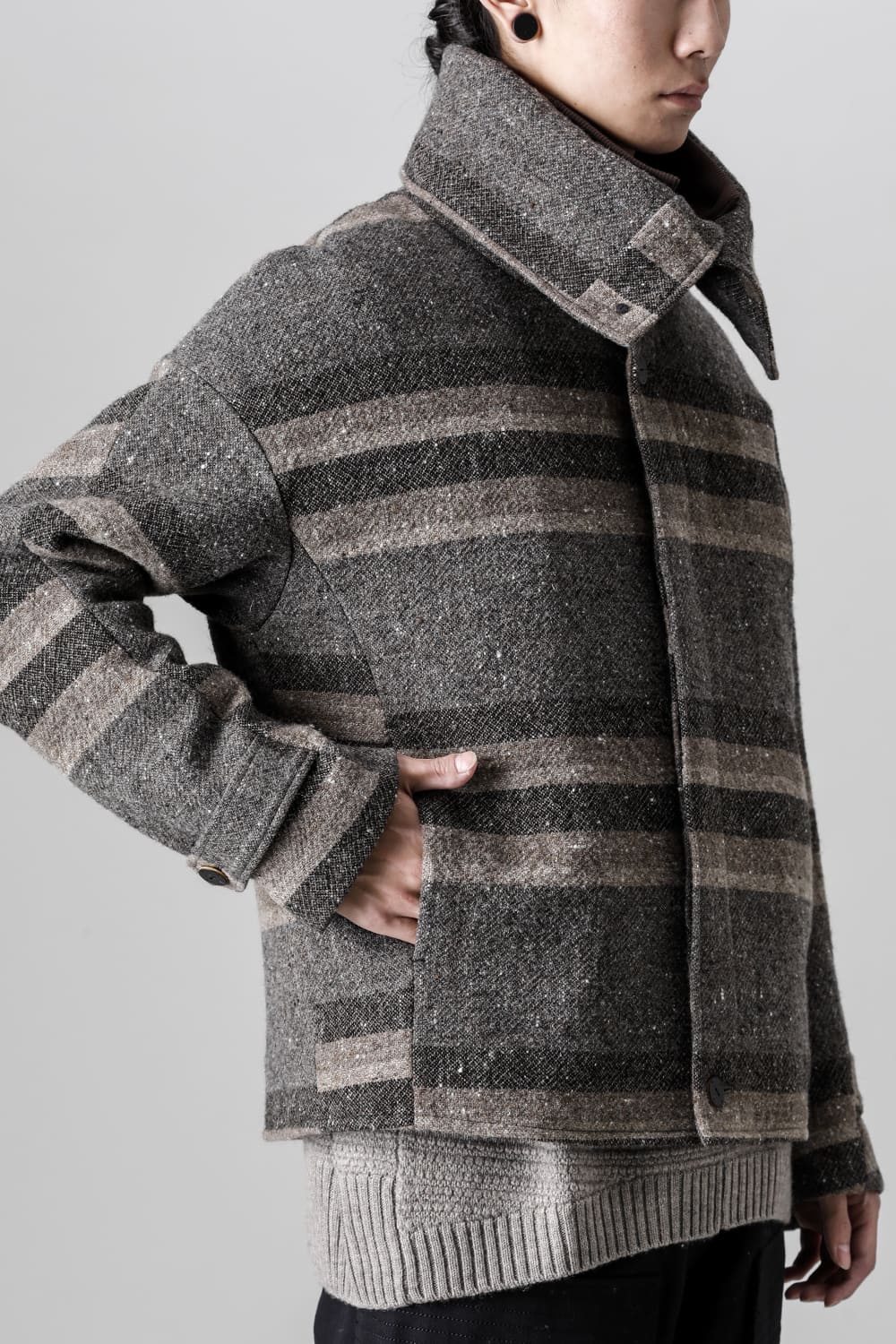 High neck jacket striped wool