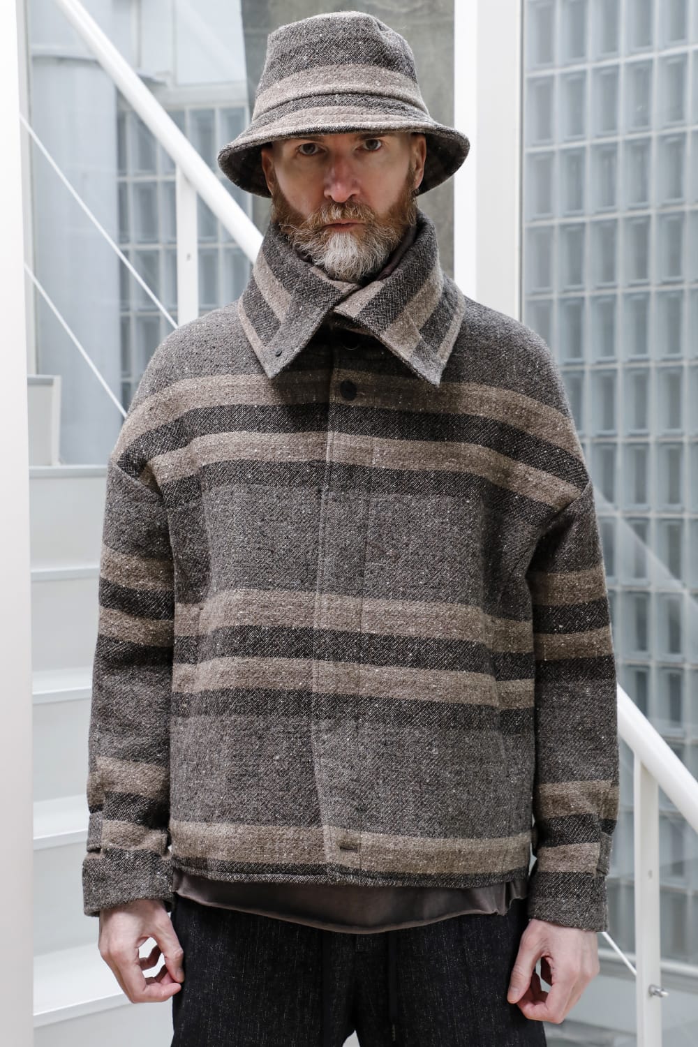 High neck jacket striped wool