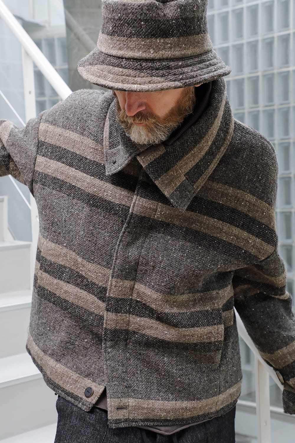 High neck jacket striped wool