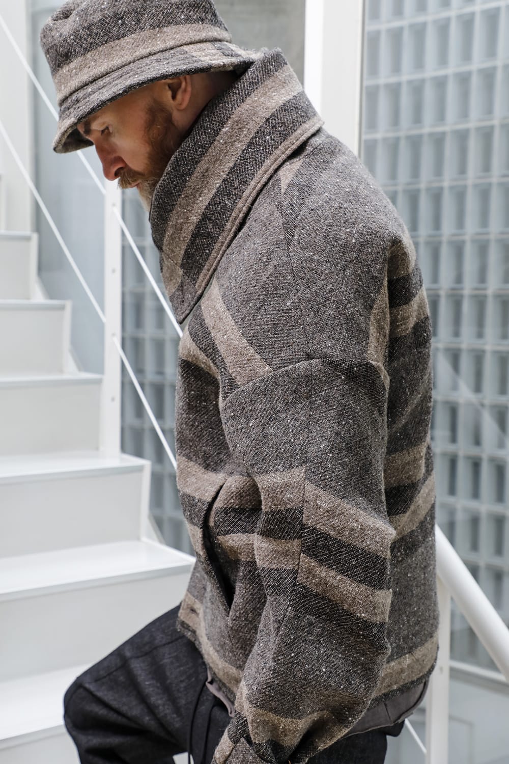 High neck jacket striped wool