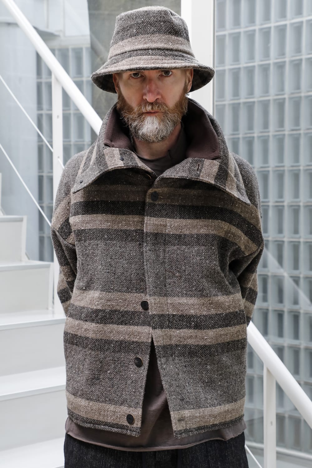 High neck jacket striped wool