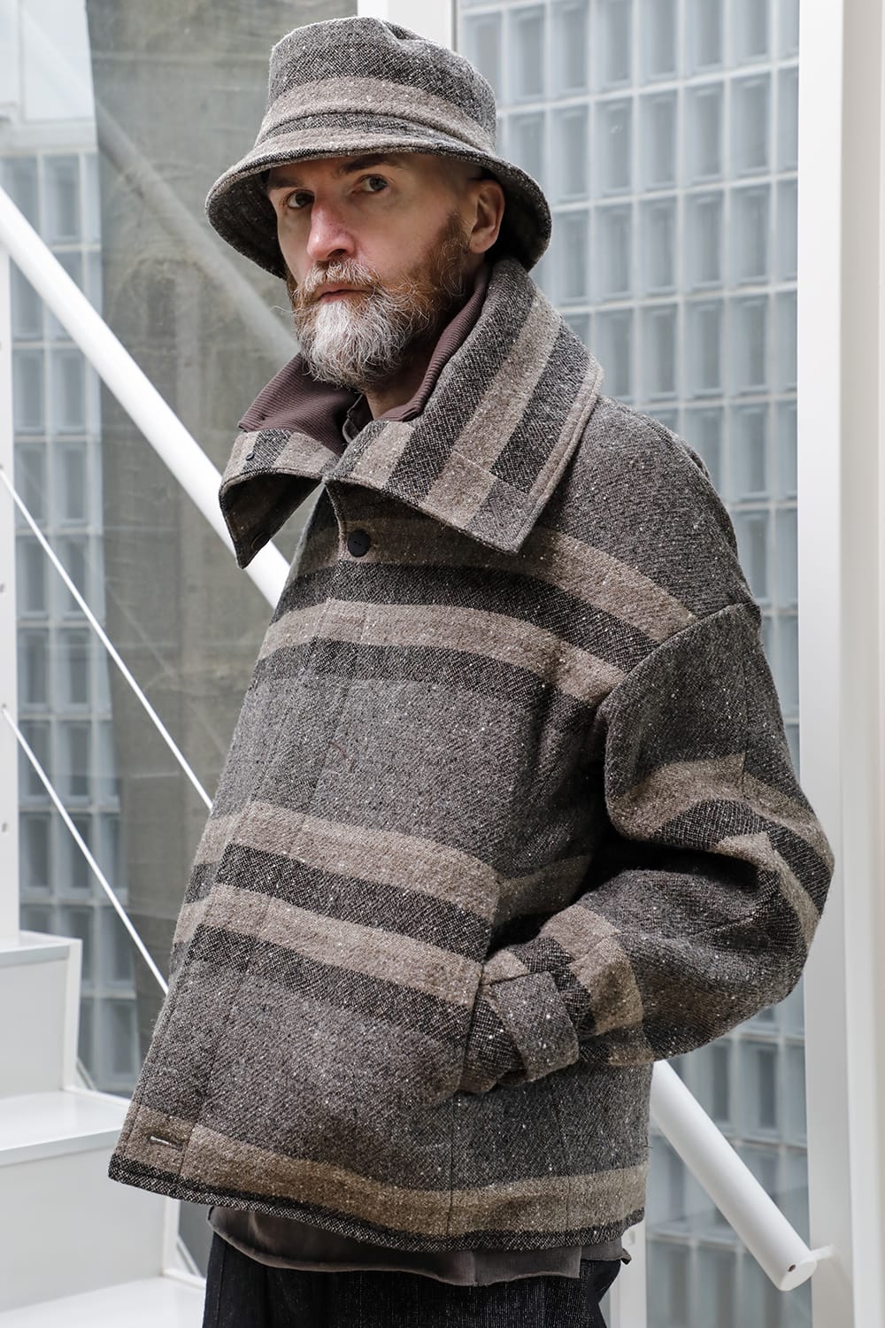 High neck jacket striped wool