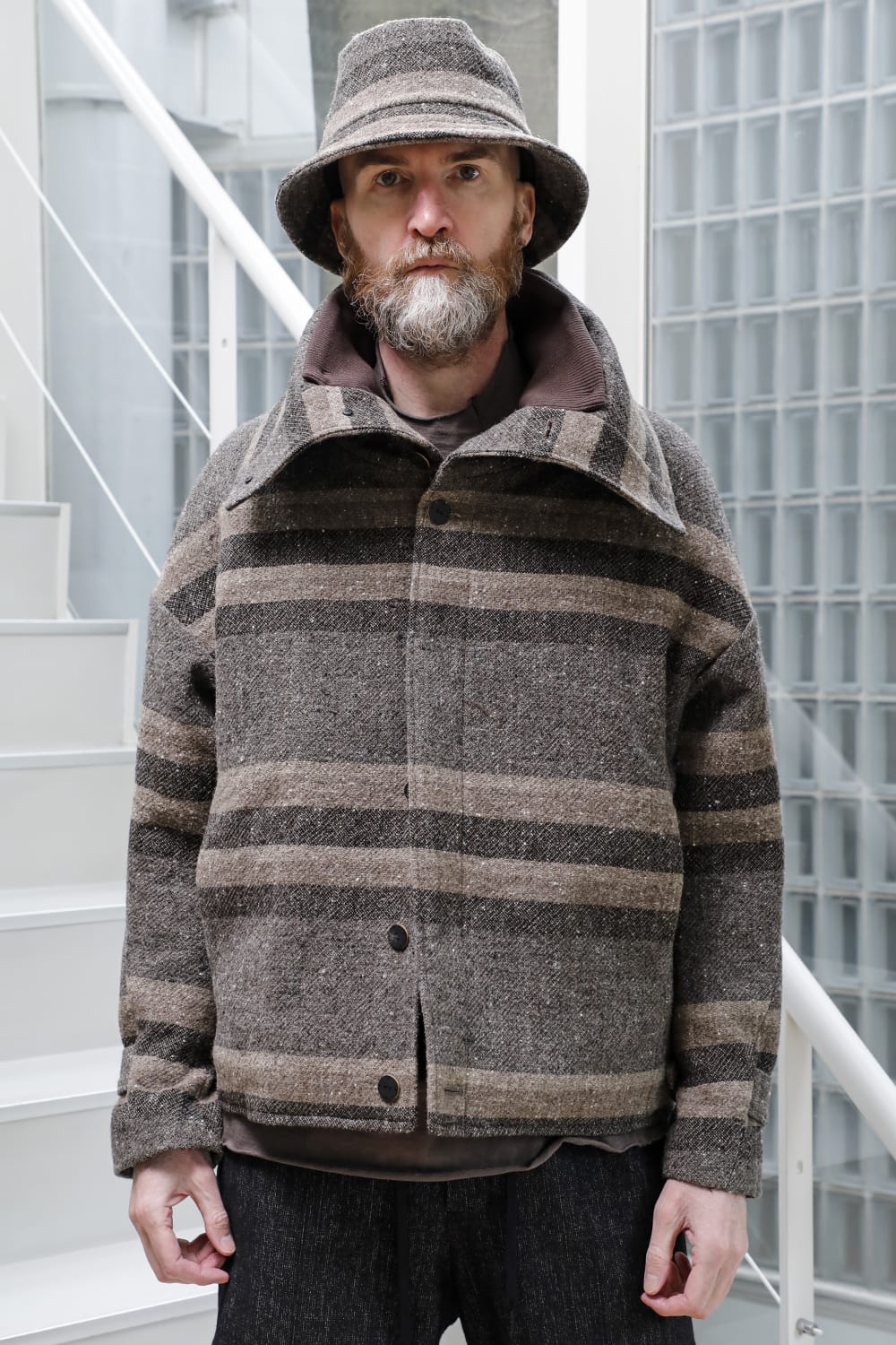 High neck jacket striped wool