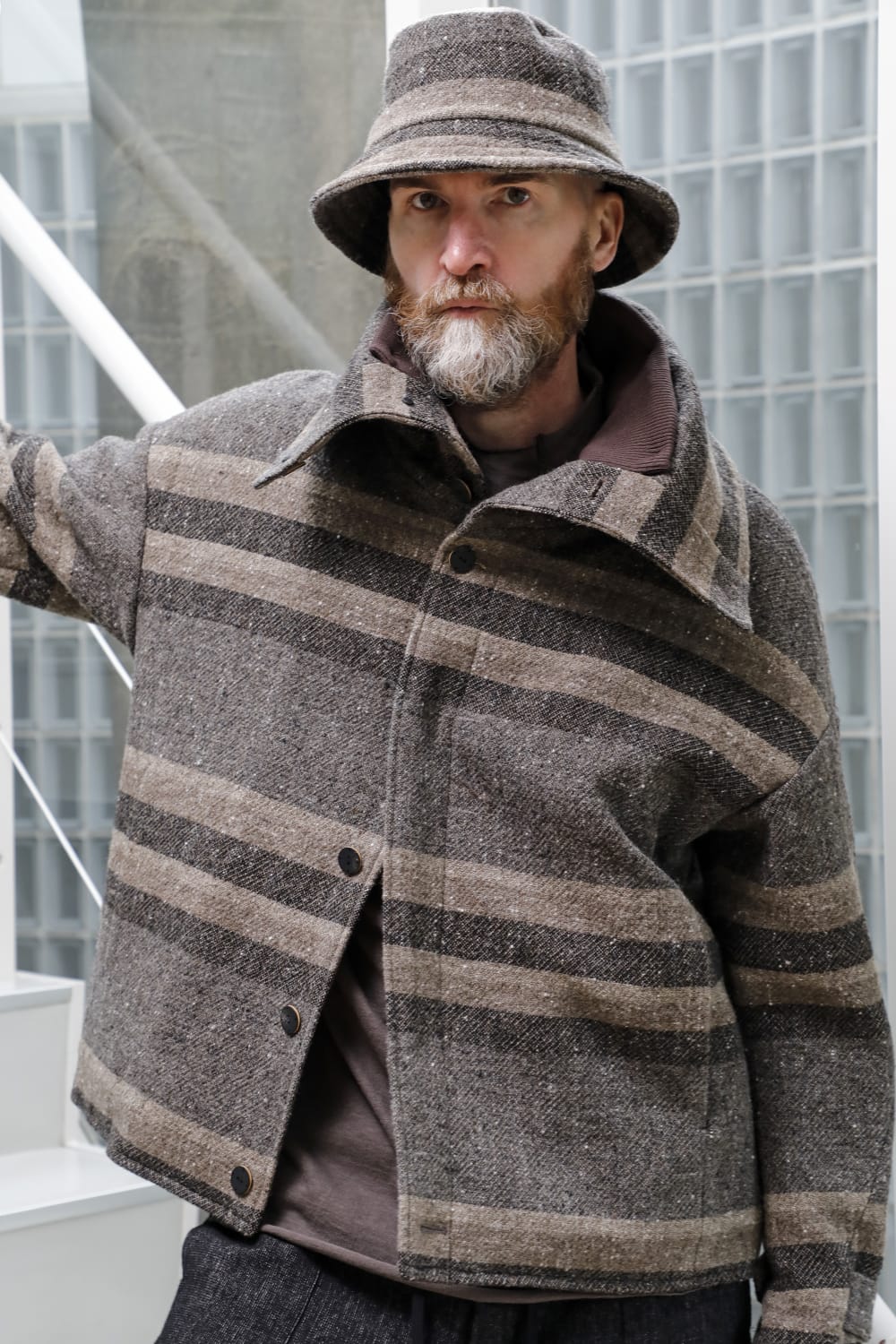 High neck jacket striped wool