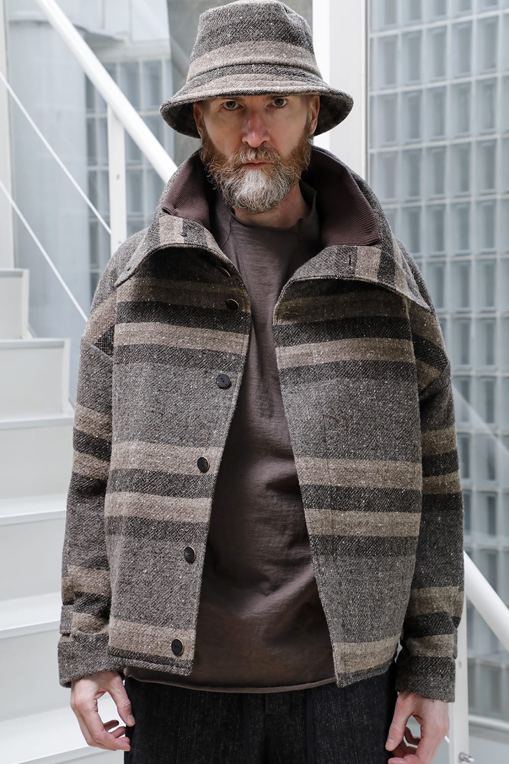 High neck jacket striped wool