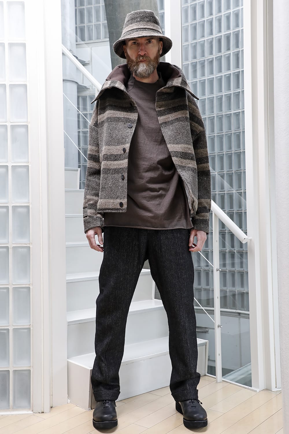 High neck jacket striped wool