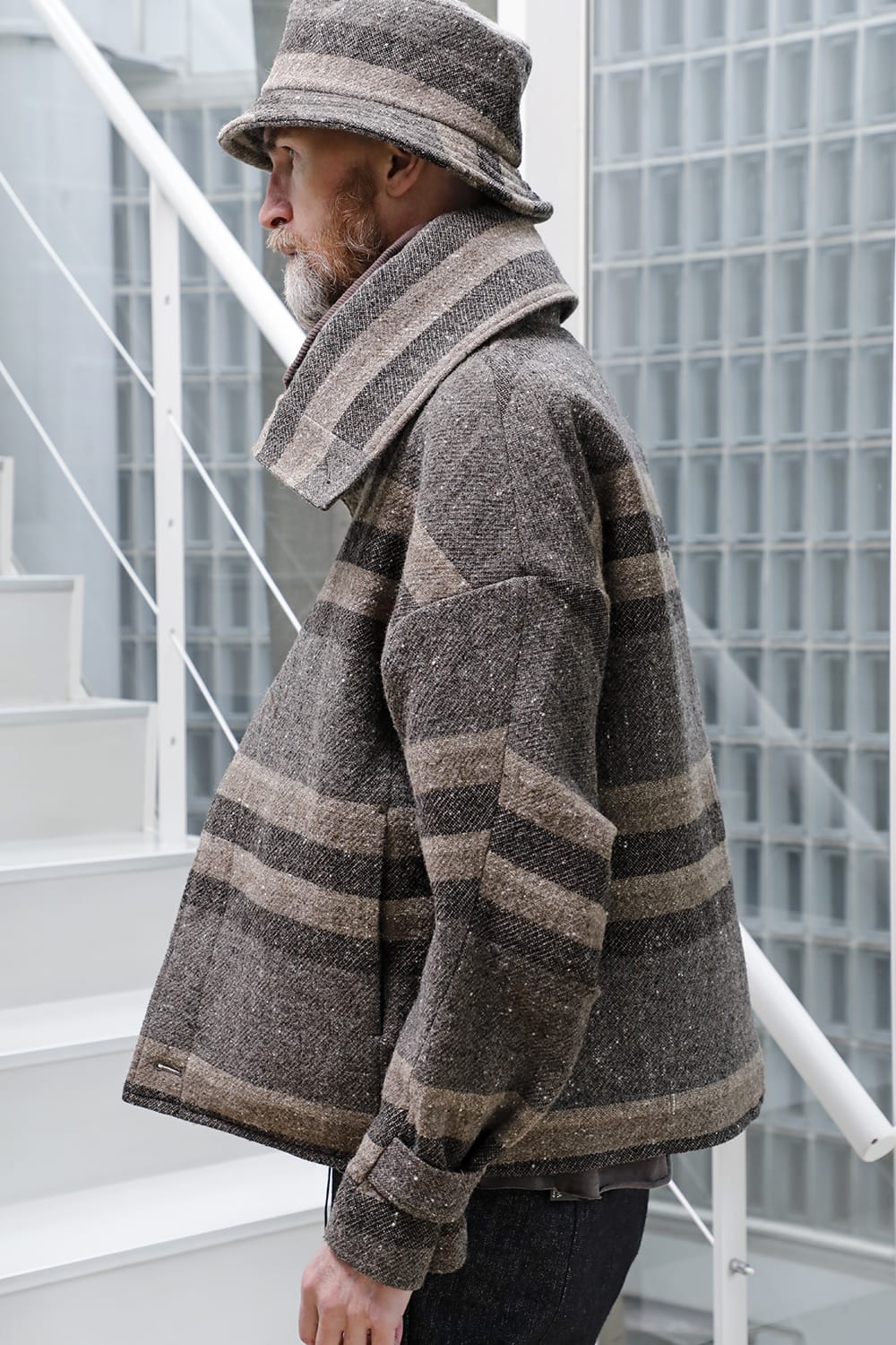 High neck jacket striped wool