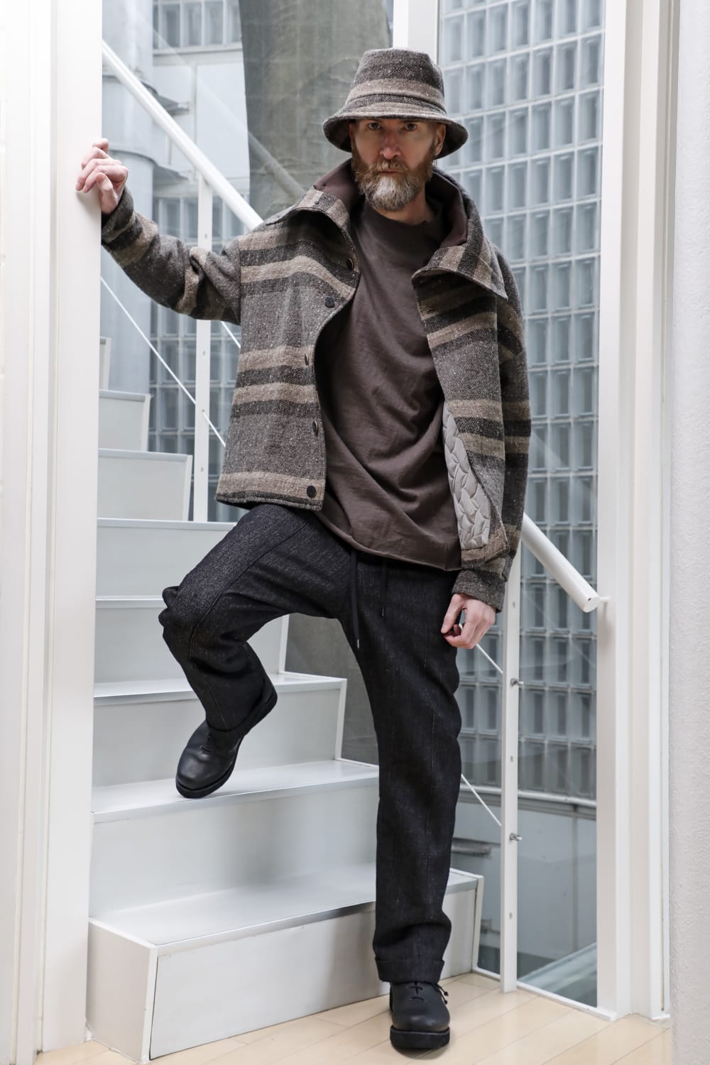 High neck jacket striped wool