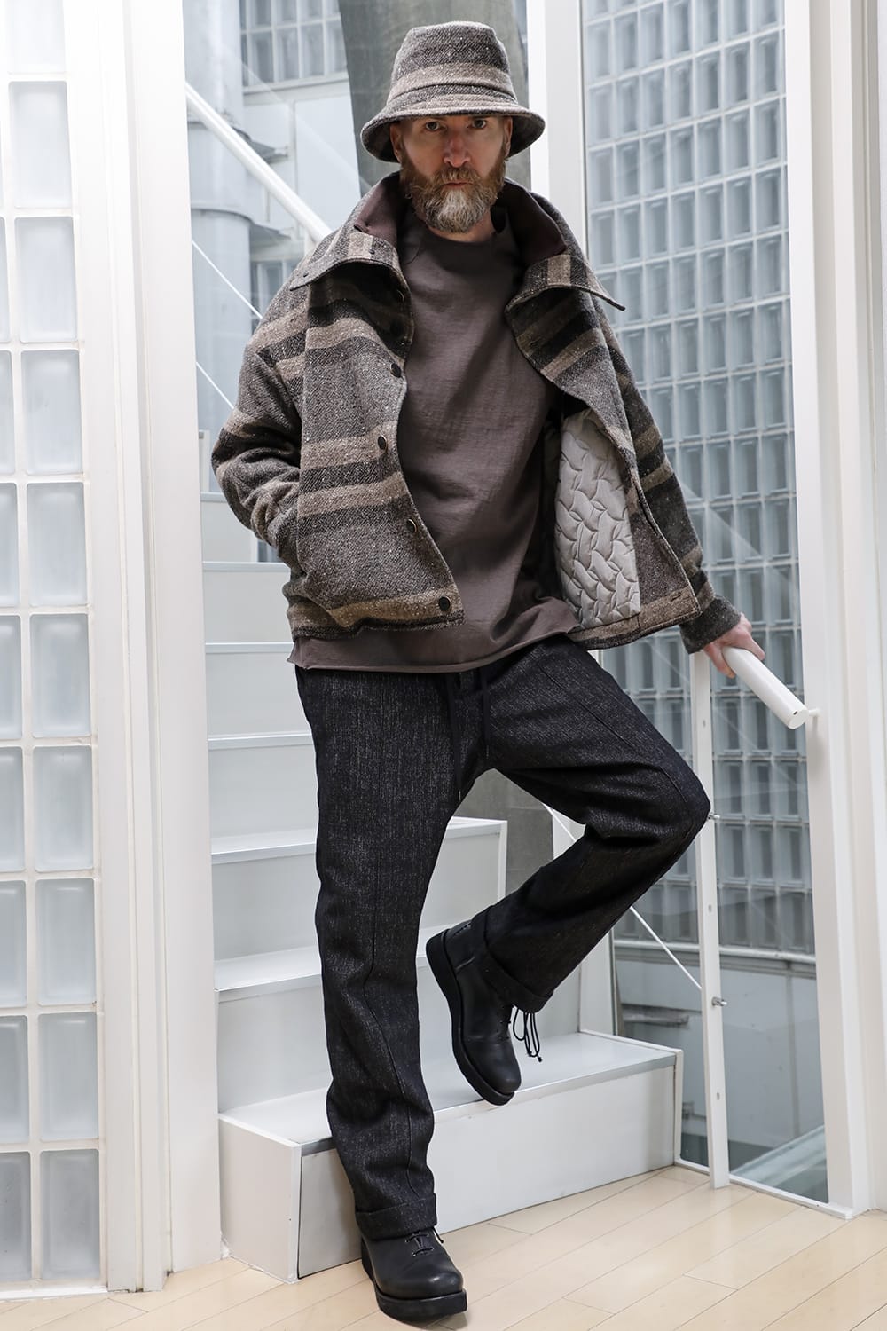 High neck jacket striped wool