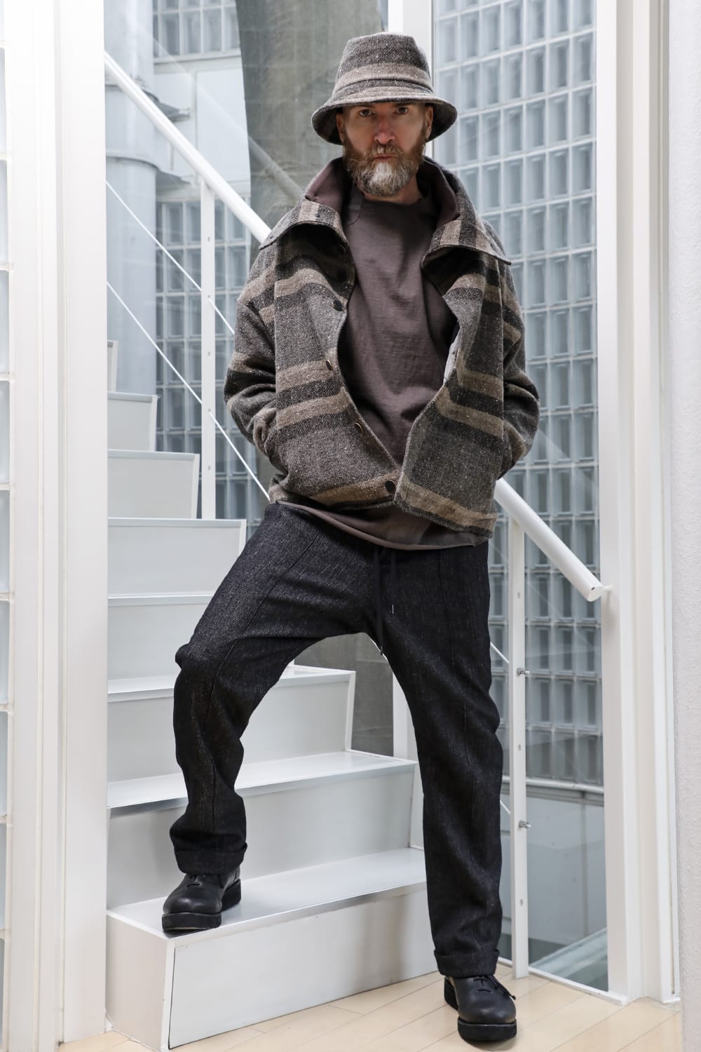 High neck jacket striped wool