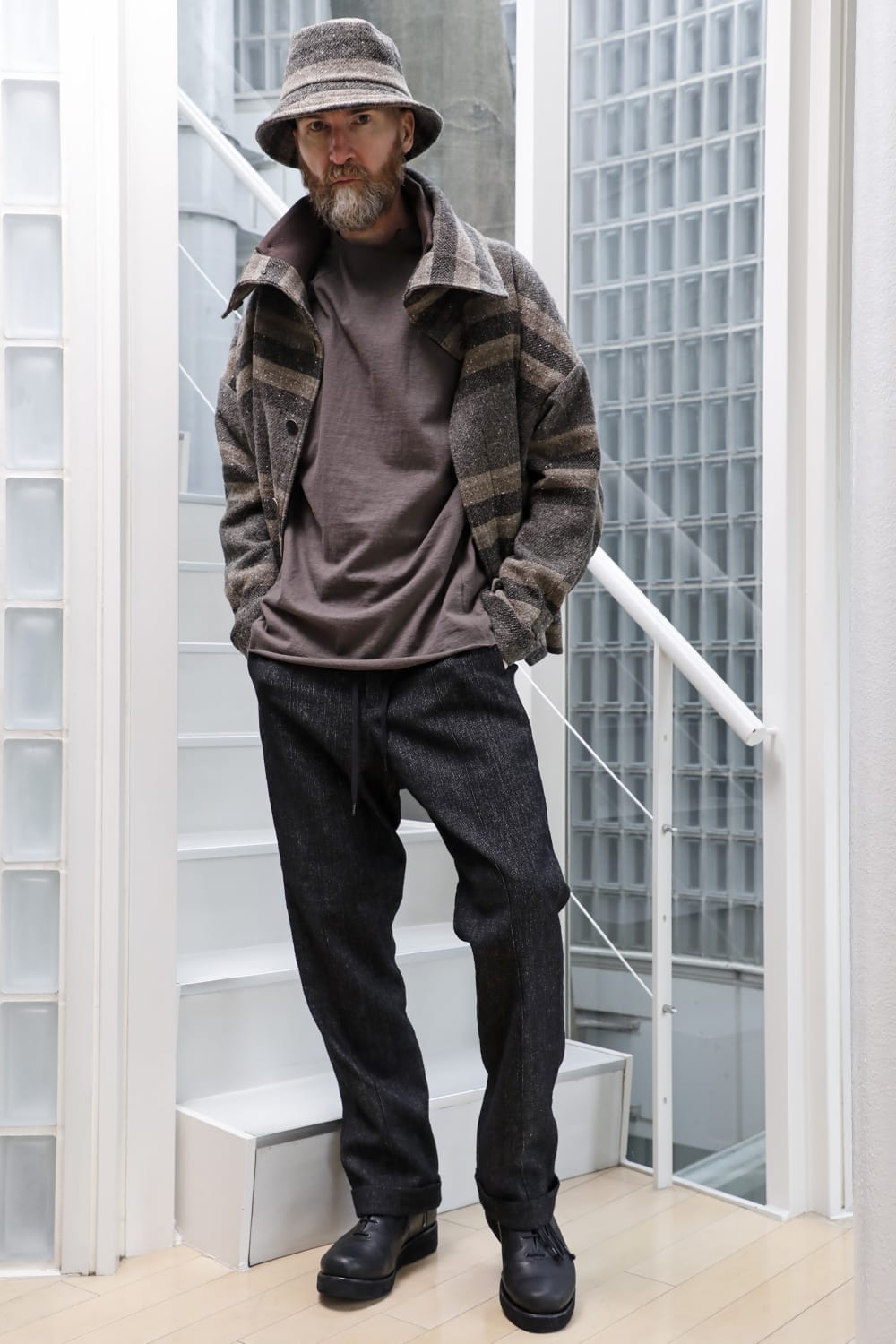 High neck jacket striped wool