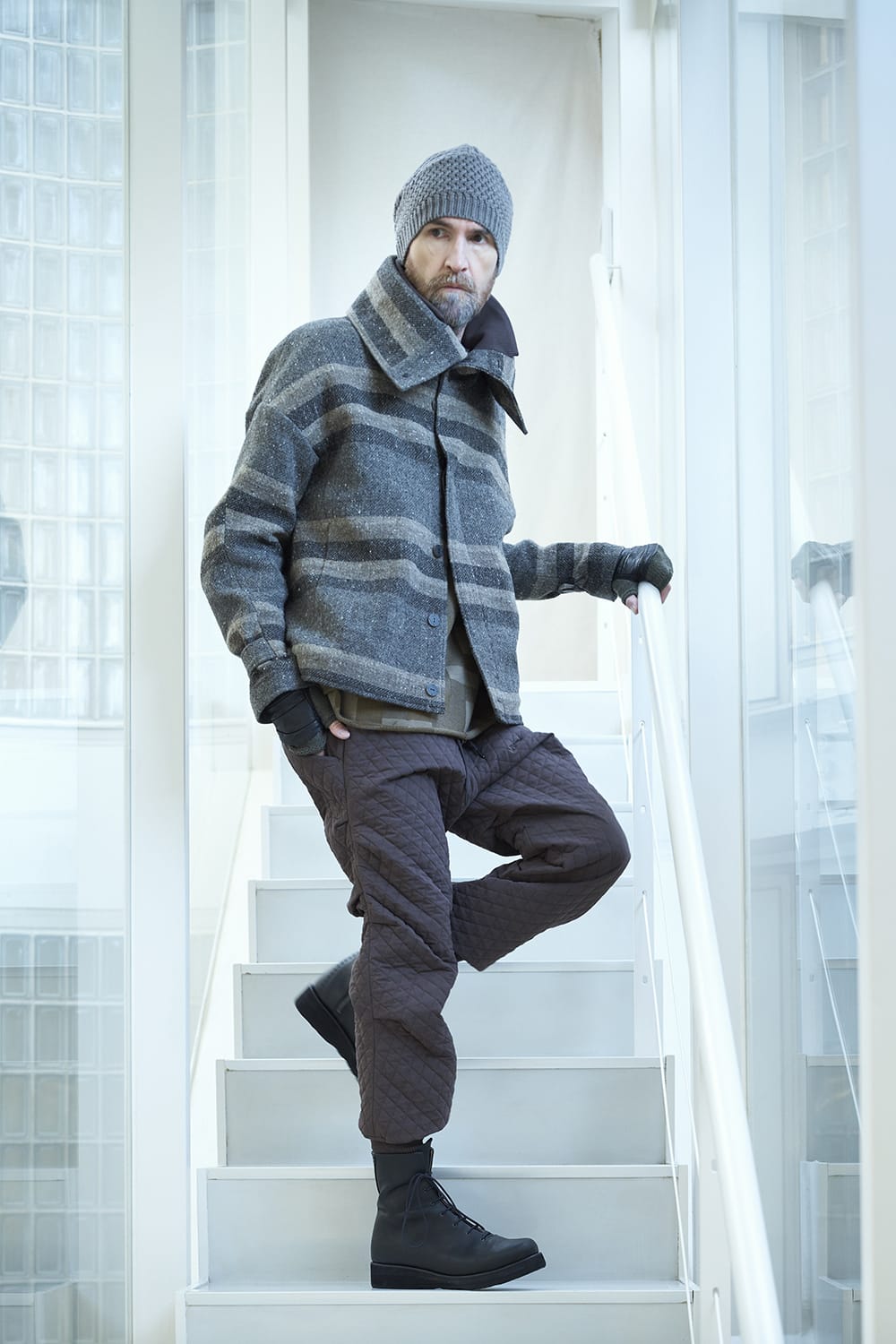 High neck jacket striped wool