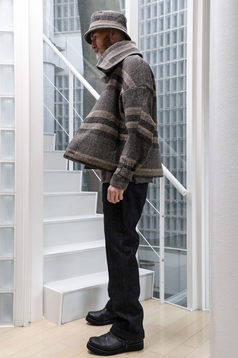 High neck jacket striped wool