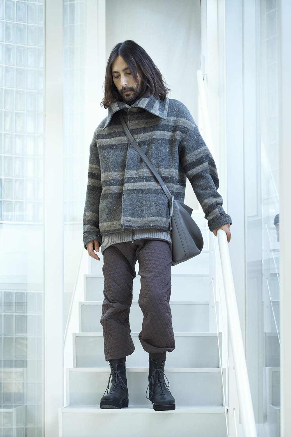 High neck jacket striped wool