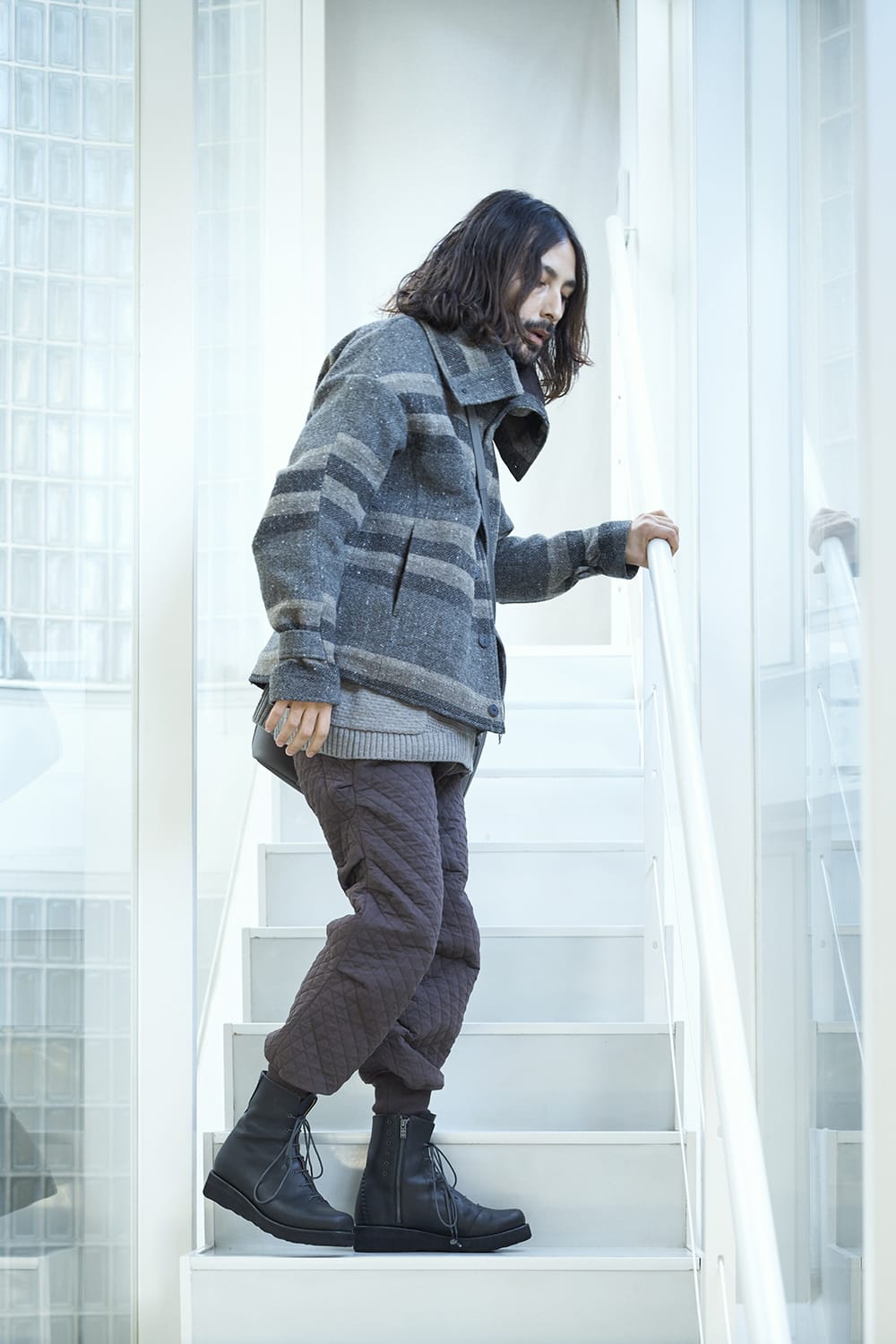 High neck jacket striped wool