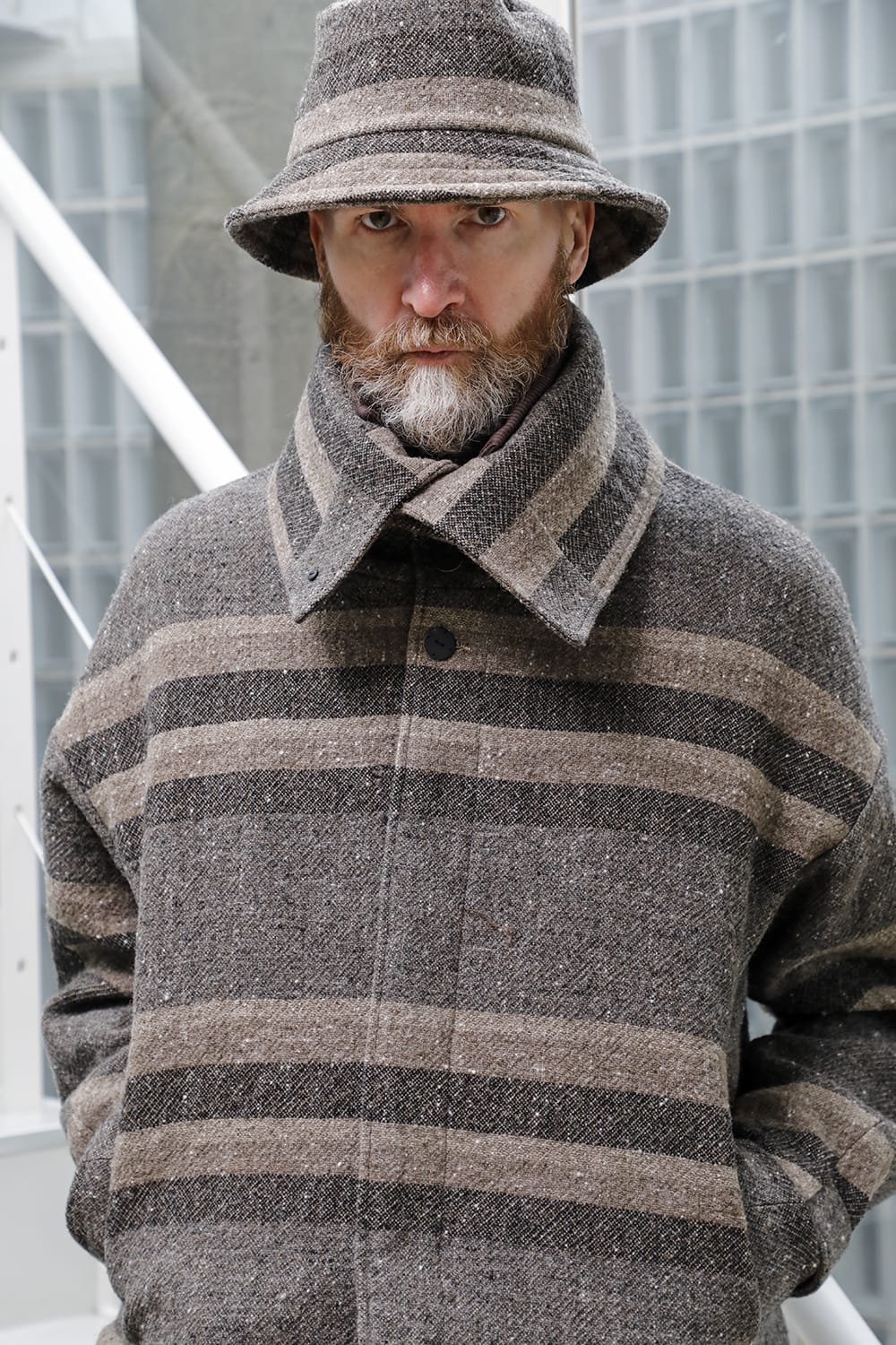 High neck jacket striped wool