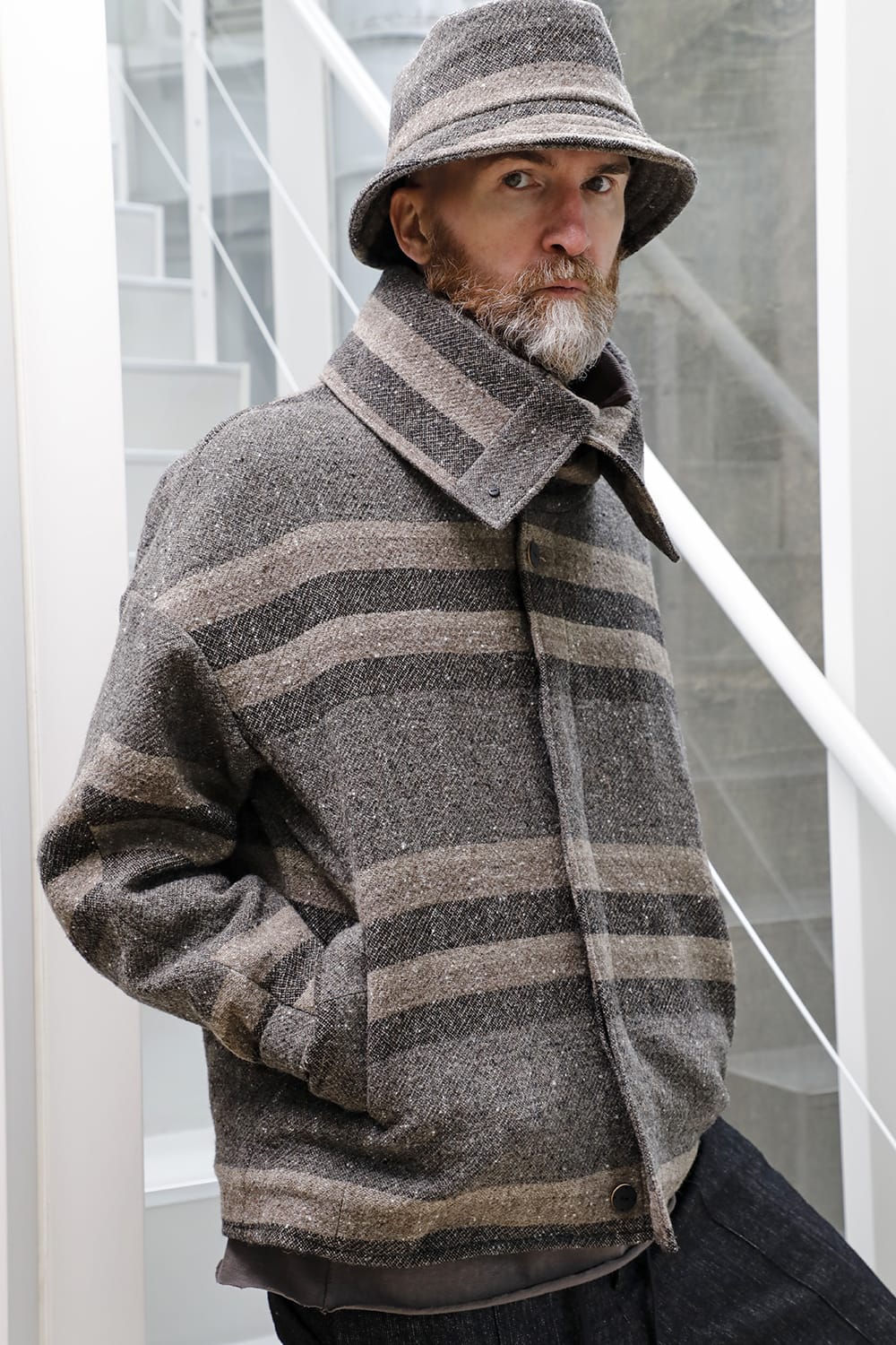 High neck jacket striped wool