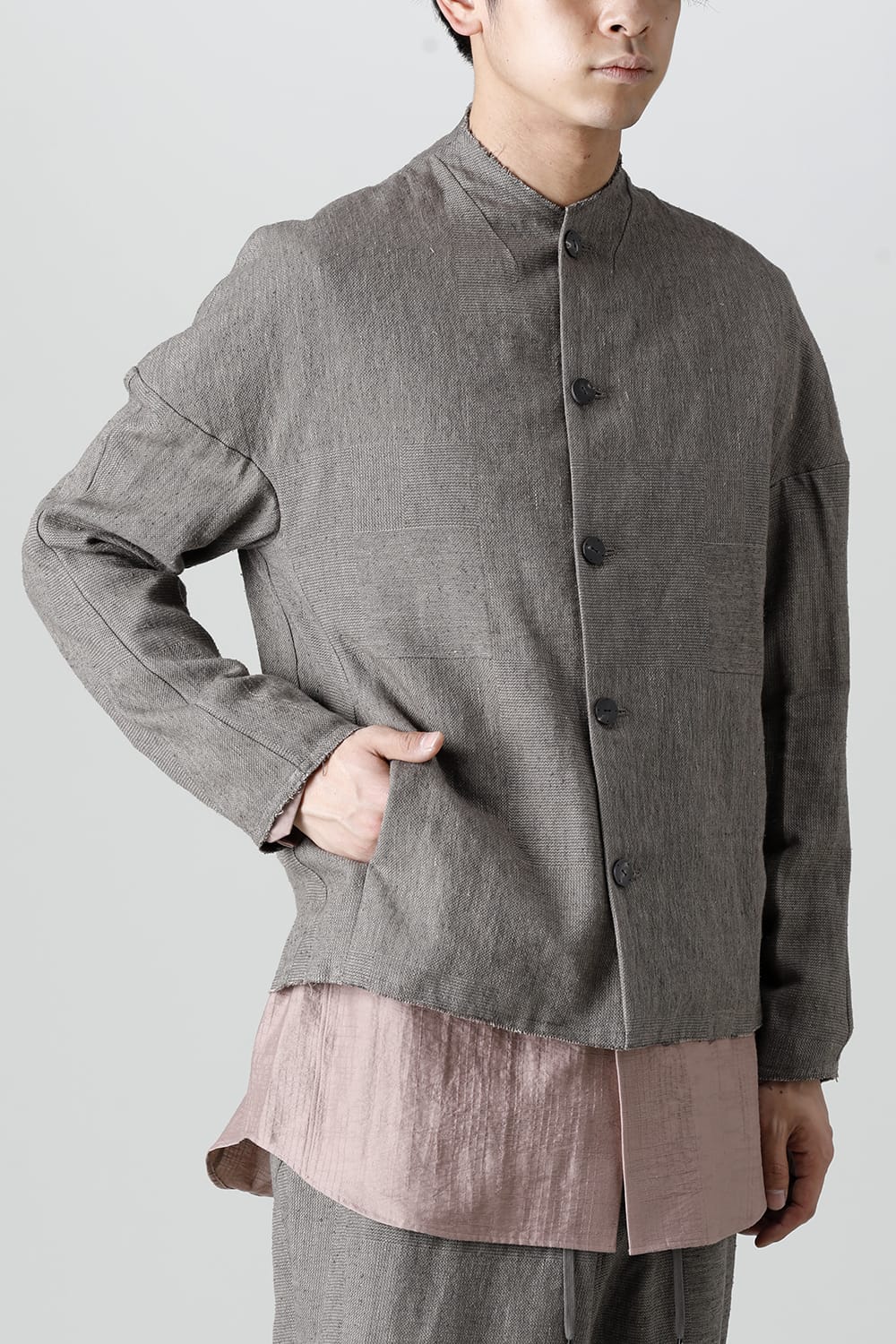 Jacket silk linen crazy check  Beige Gray