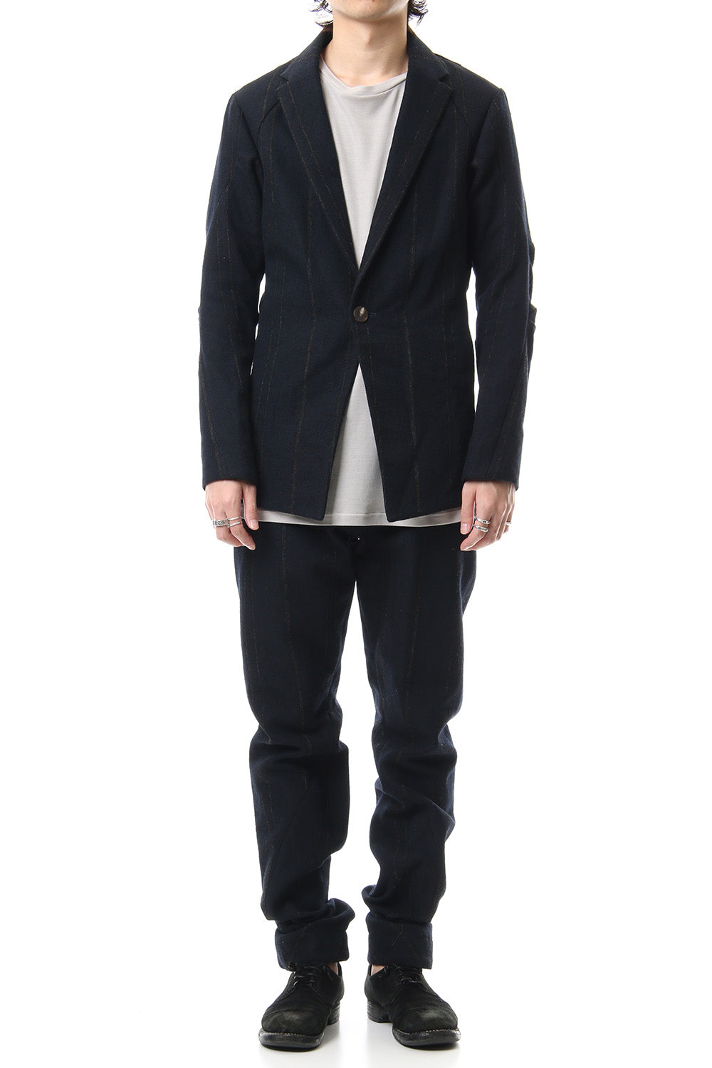 Shetland Wool Linen Stripe Batting Anatomical Pants Dark Navy