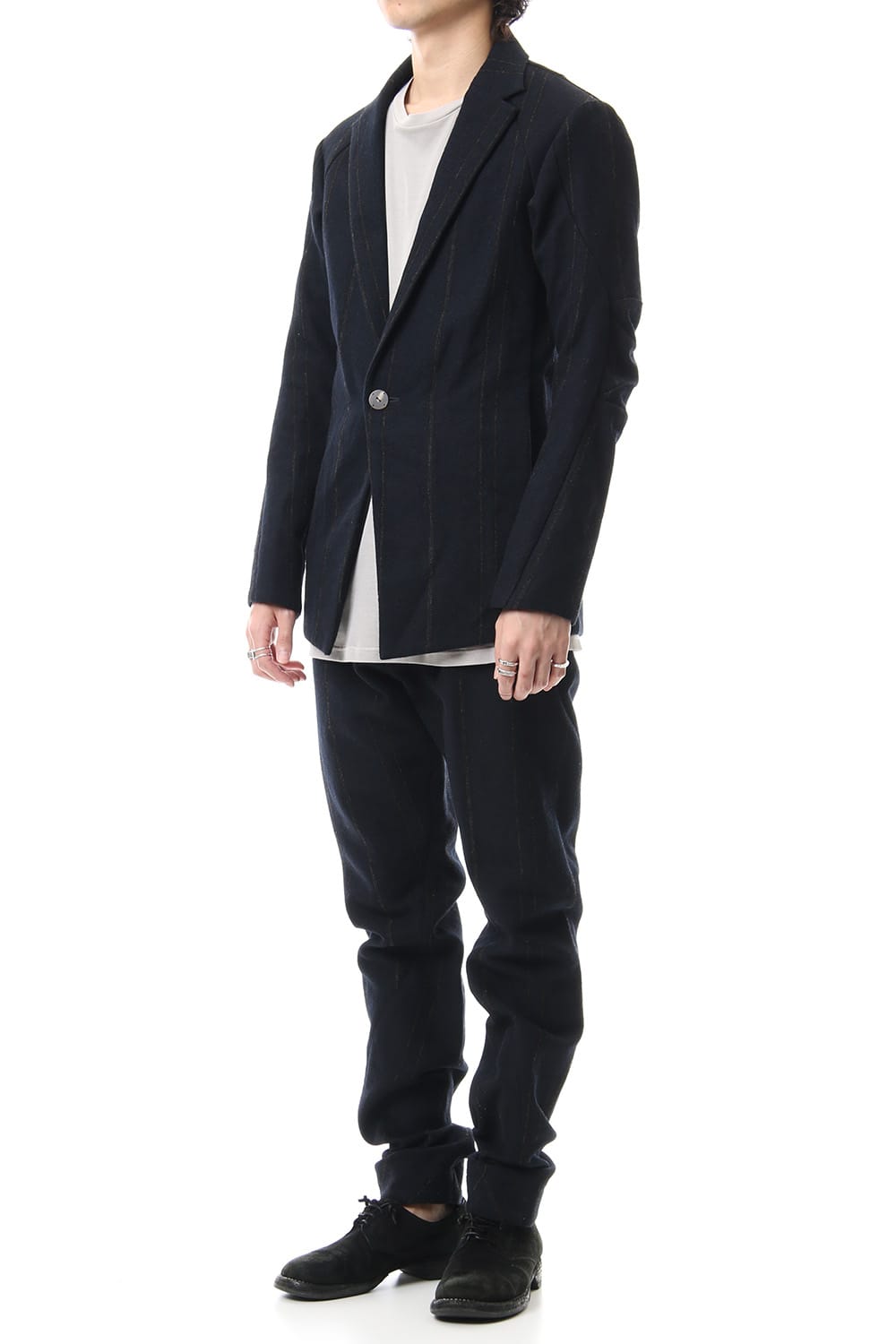 Shetland Wool Linen Stripe Batting Anatomical Pants Dark Navy