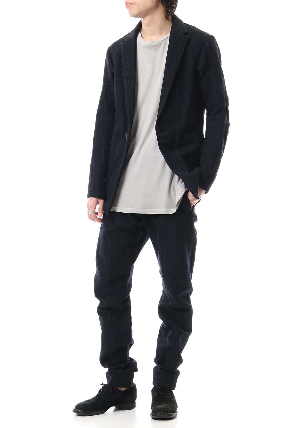 Shetland Wool Linen Stripe Batting Anatomical Pants Dark Navy