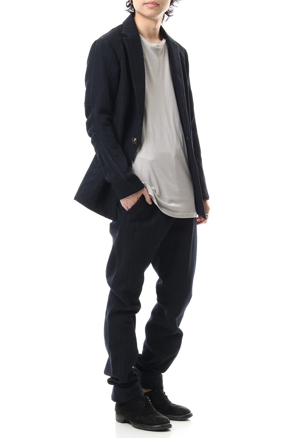 Shetland Wool Linen Stripe Batting Anatomical Pants Dark Navy