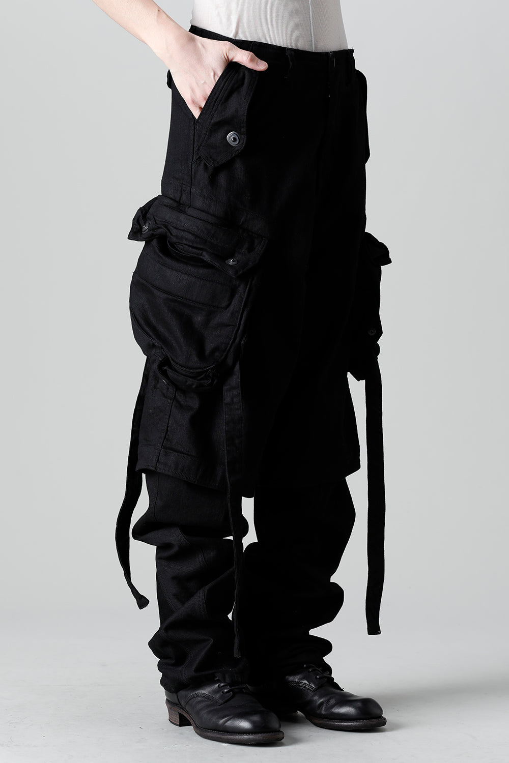 10.5oz Stretch Denim Gas Mask Wide Pants Black