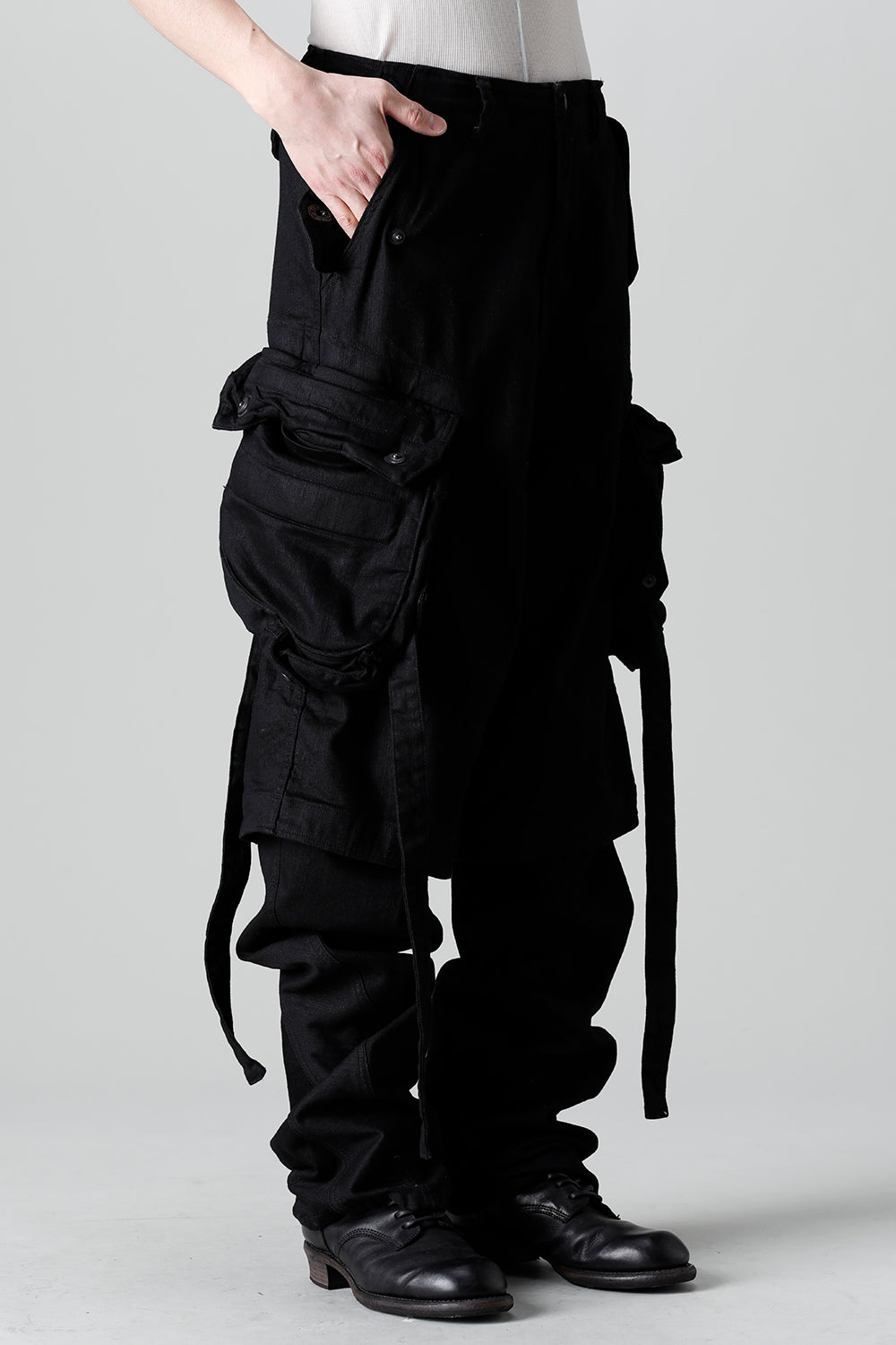 10.5oz Stretch Denim Gas Mask Wide Pants Black