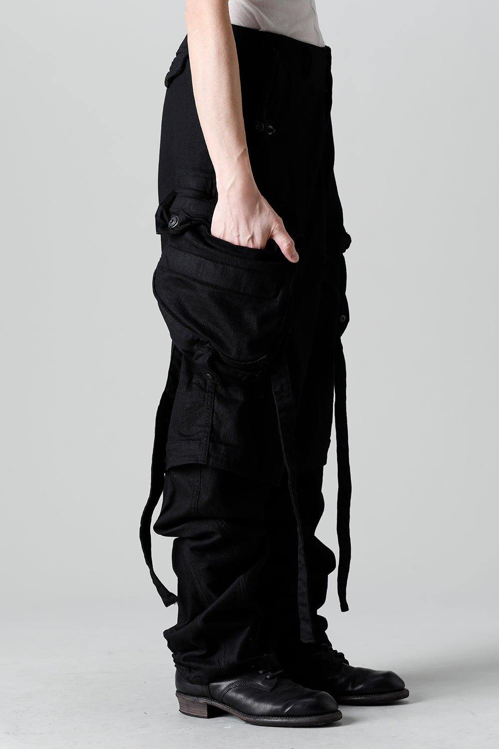 10.5oz Stretch Denim Gas Mask Wide Pants Black