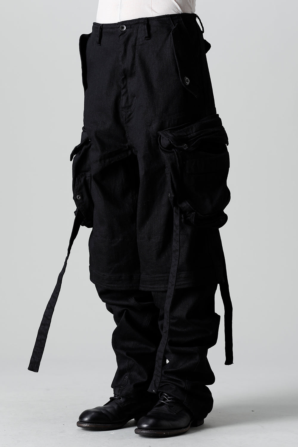 10.5oz Stretch Denim Gas Mask Wide Pants Black